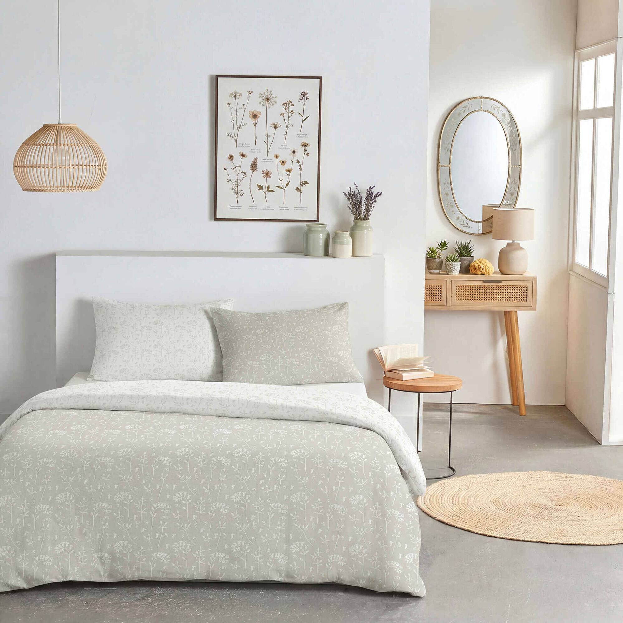 Conjunto Capa de Edred&atilde;o Algod&atilde;o 220x160cm Flores Bege e Verde Kasa