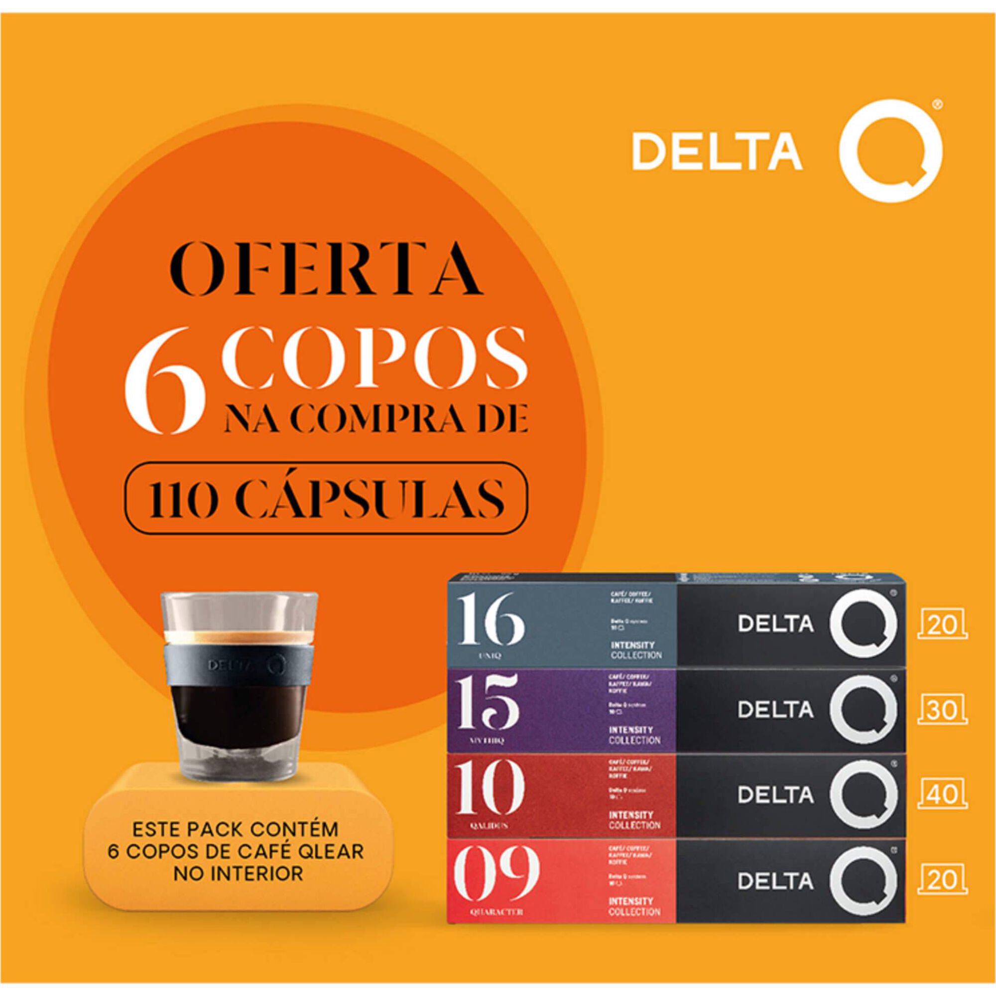 Conjunto C&aacute;psulas de Caf&eacute; + Oferta 6 Copos de Caf&eacute; Delta Q