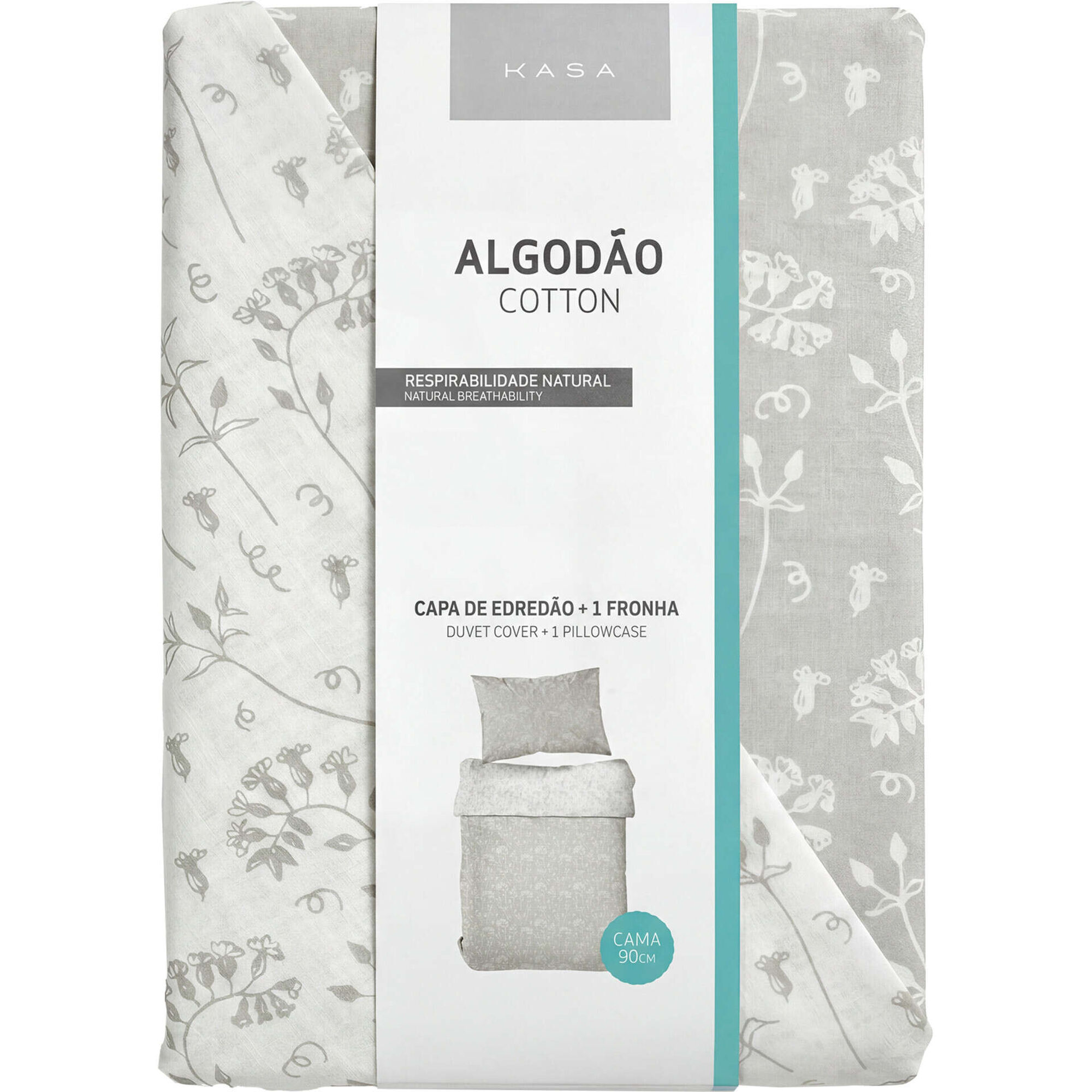 Conjunto Capa de Edred&atilde;o Algod&atilde;o 220x160cm Flores Bege e Verde Kasa