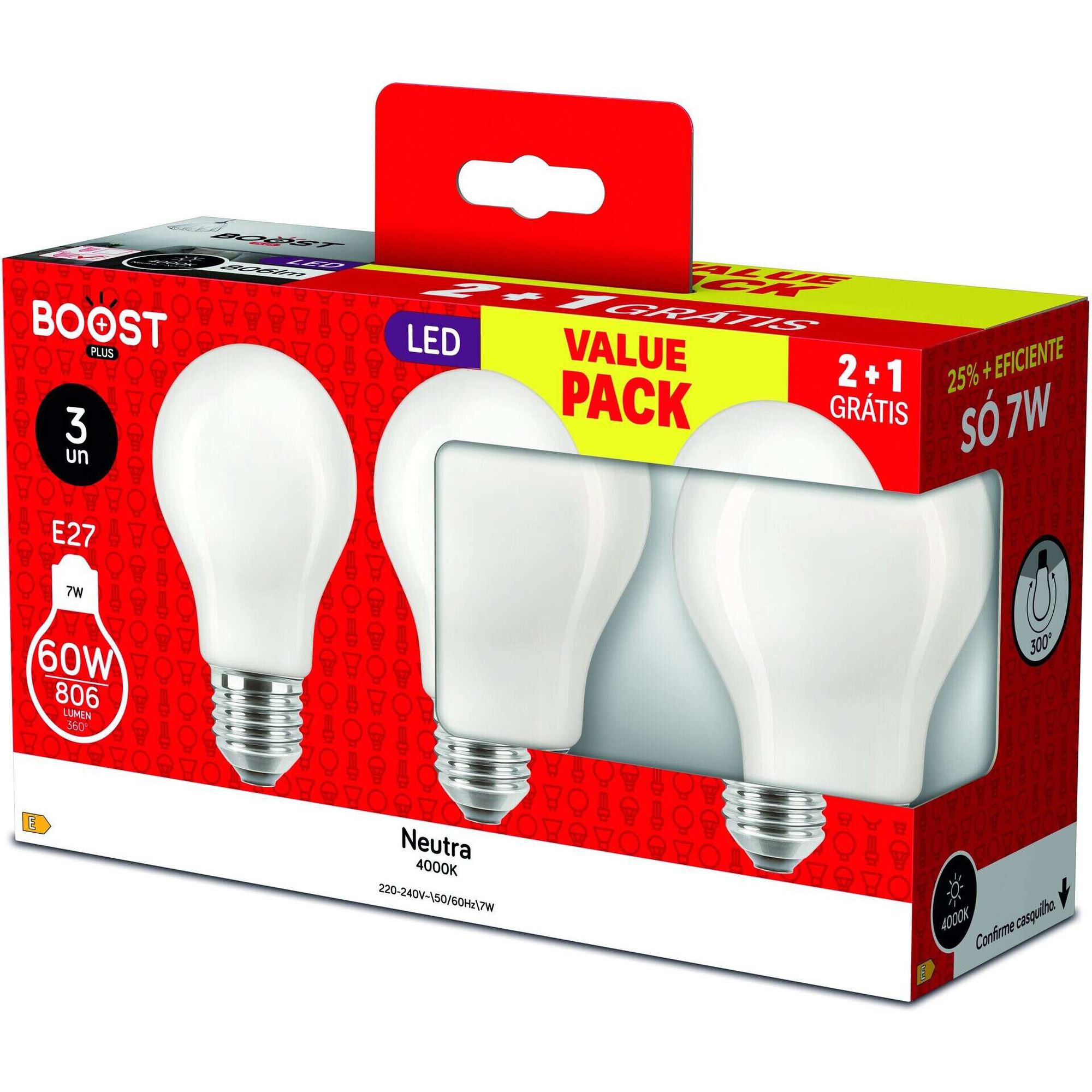 Conjunto 3 L&acirc;mpadas LED Standard E27 4000K 60W Boost
