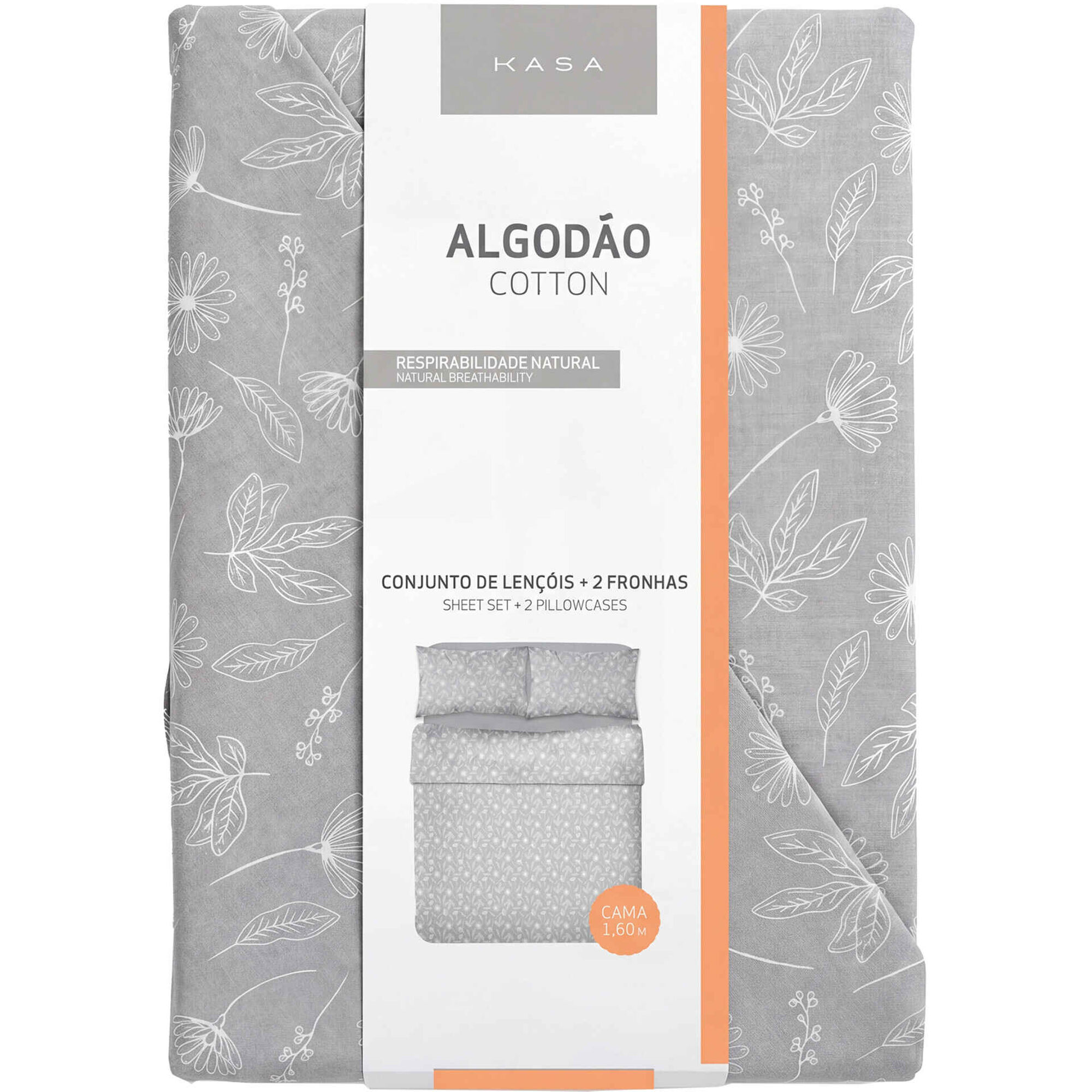 Conjunto de Len&ccedil;&oacute;is Algod&atilde;o Floral Cinza Kasa