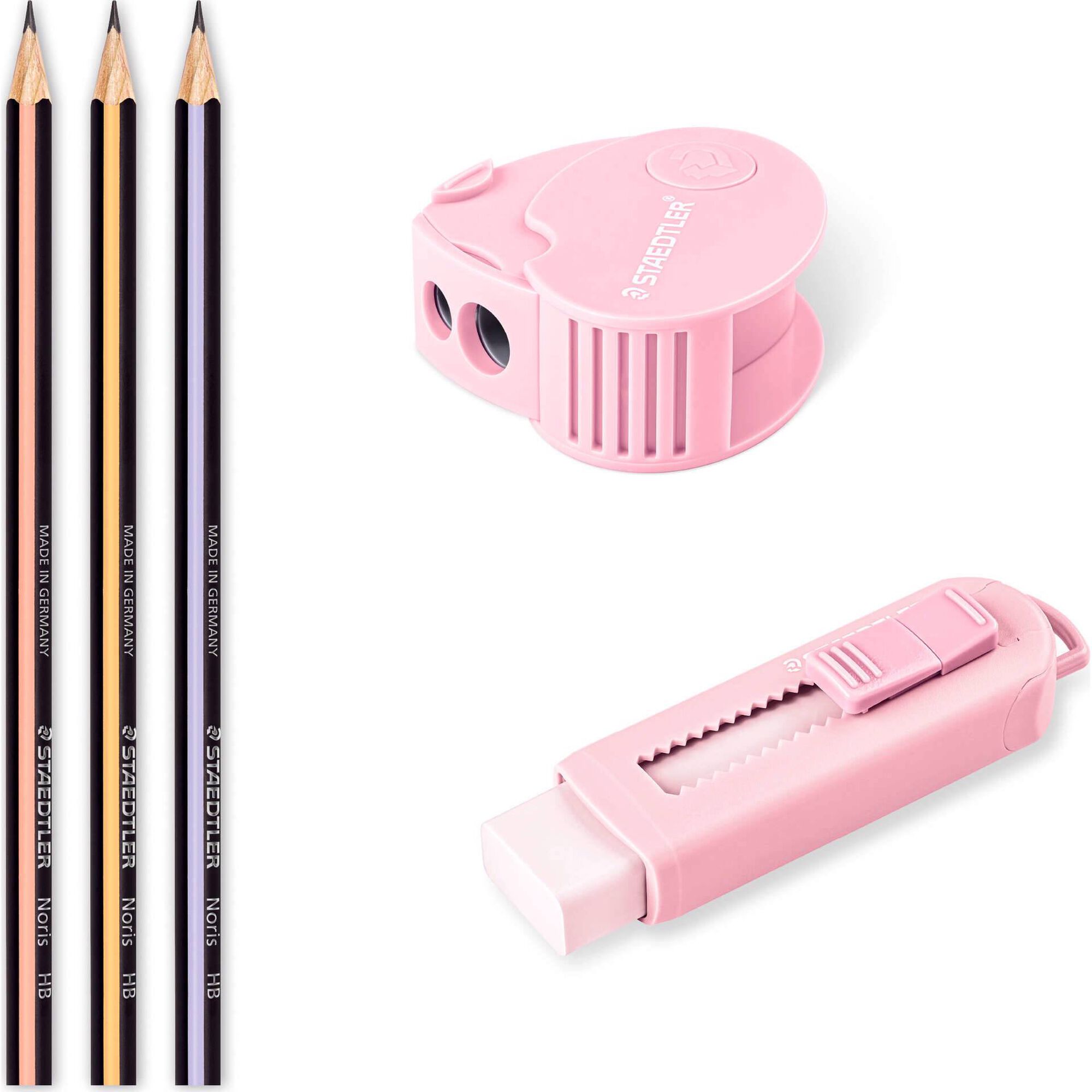 Conjunto L&aacute;pis Grafite HB, Borracha e Afia (v&aacute;rias cores) Staedtler