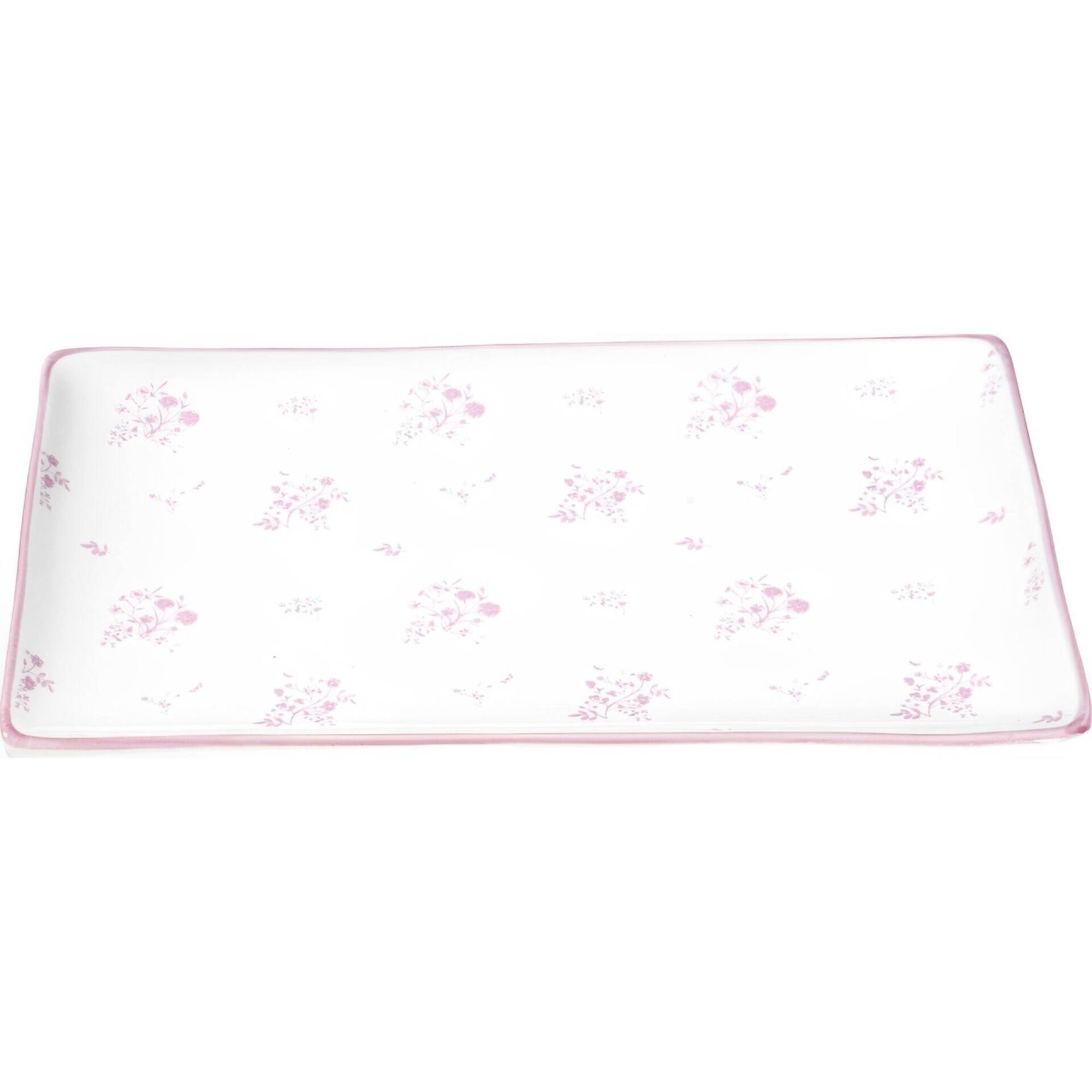 Travessa Retangular 25x16x2,2cm Cru com Flores Malva Travessa Retangular 25x16x2,2cm Cru com Flores Malva