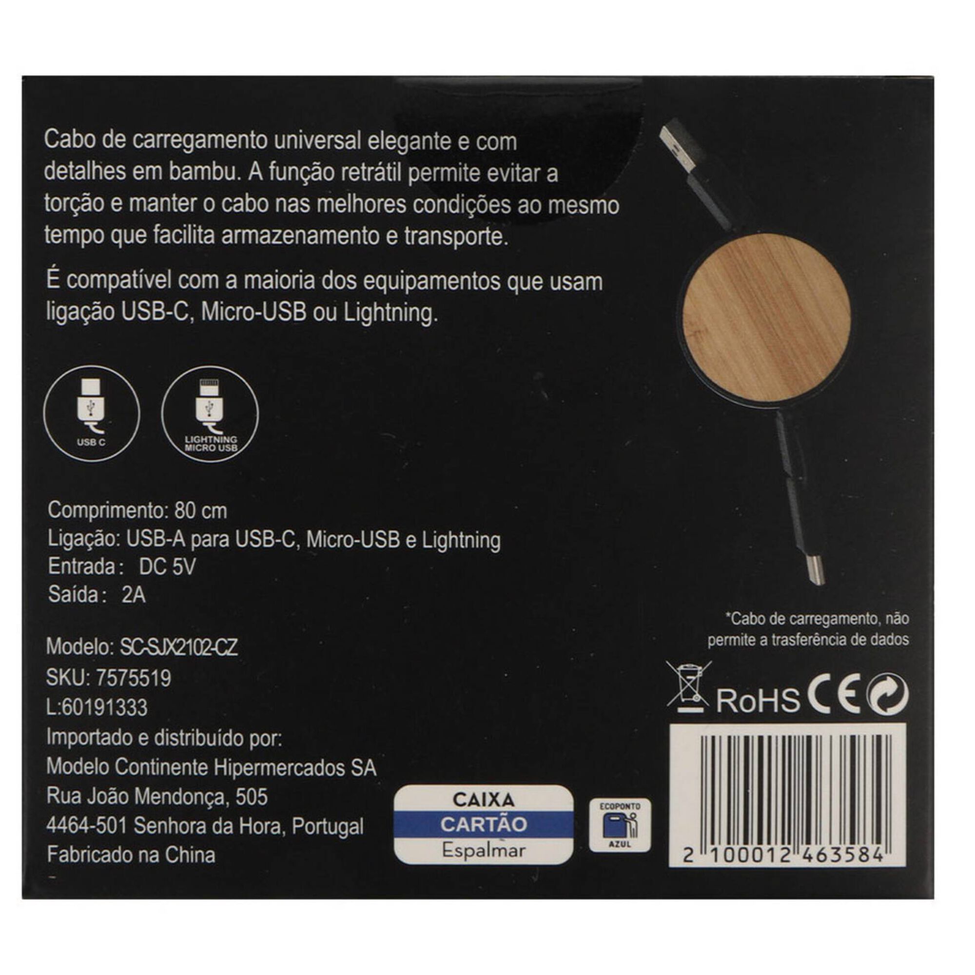 Cabo 3 em 1 Bambu Redondo Lightning Micro USB-C