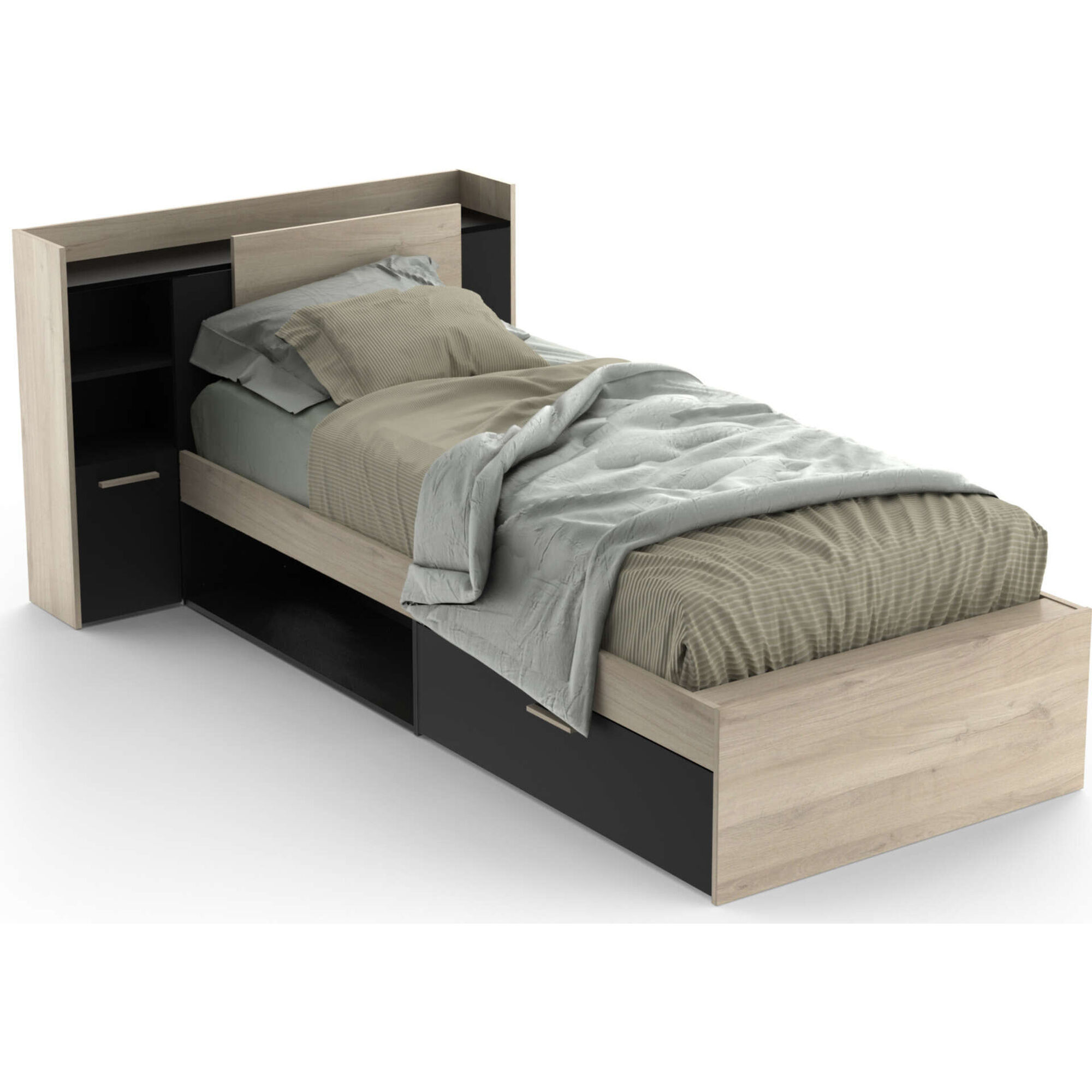 Cama Solteiro 125x227x91cm Preta e Carvalho Life