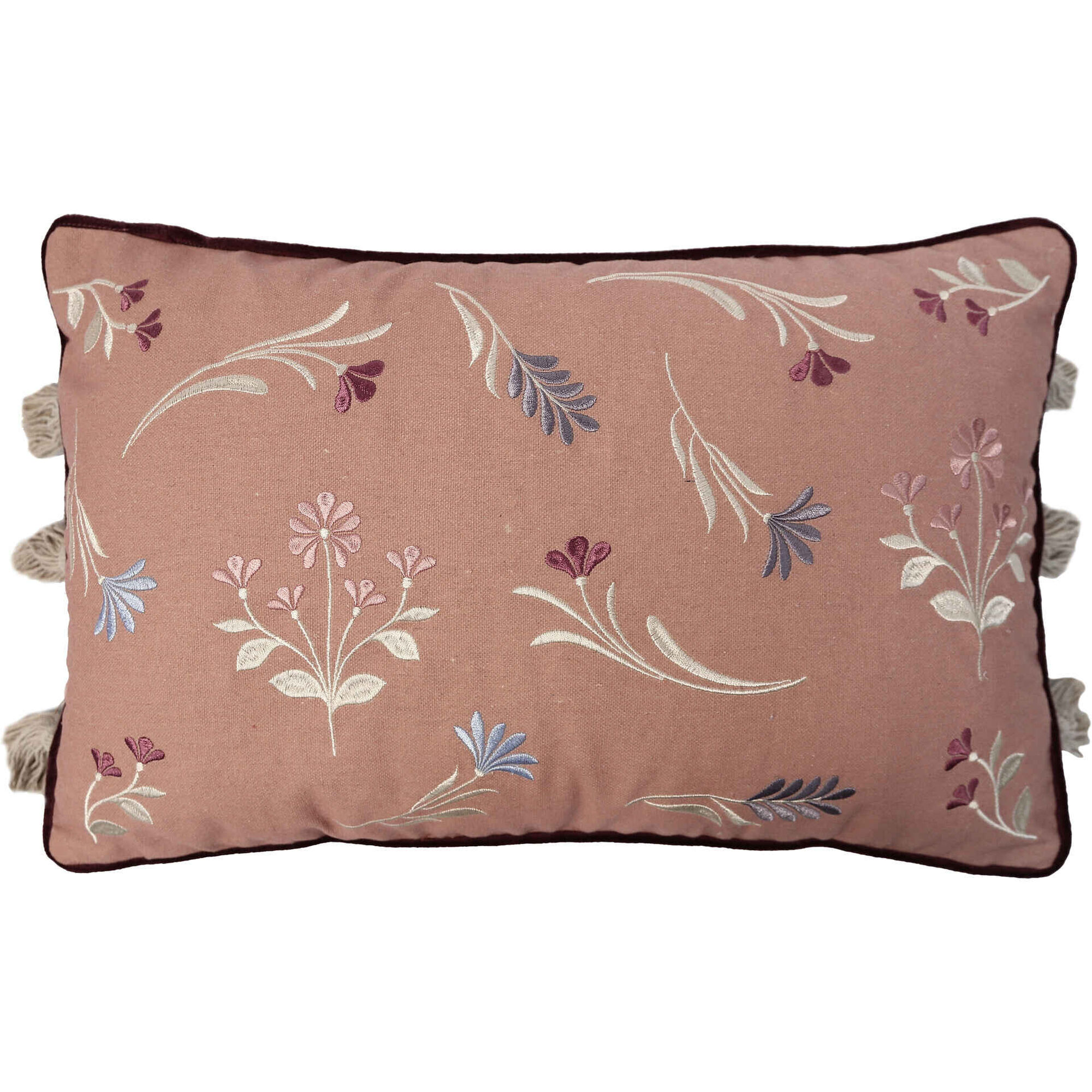 Almofada 30x50cm Flores Bordada Rosa Plantópia