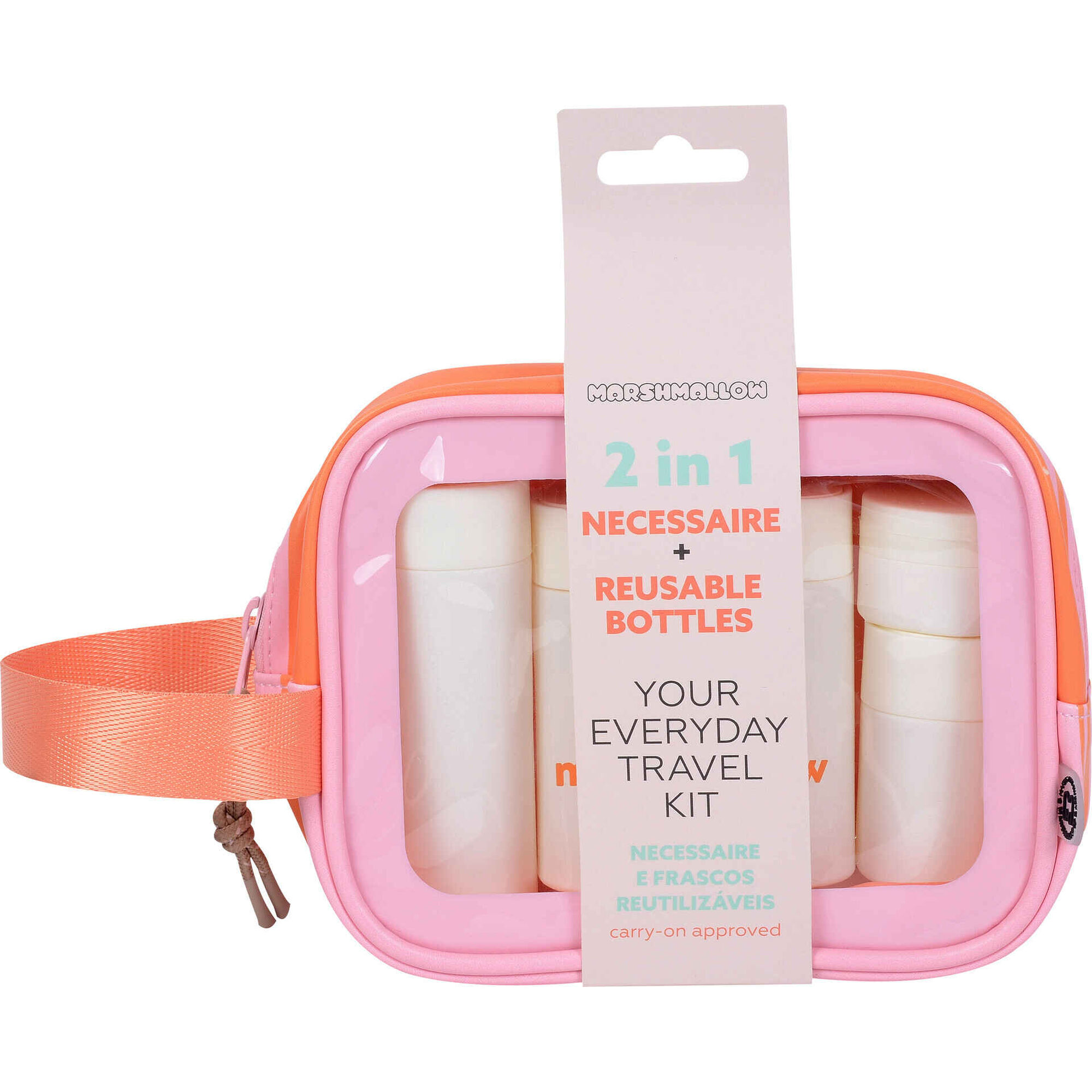 Conjunto Necessaire + 5 Frascos Reutiliz&aacute;veis Riscas Laranja e Rosa Marshmallow