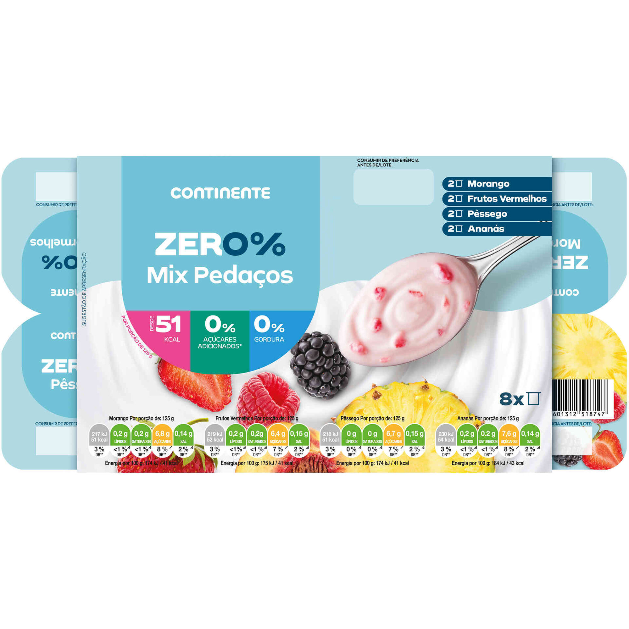 Iogurte Peda&ccedil;os Zero% Morango, Frutos Vermelhos, P&ecirc;ssego e Anan&aacute;s Continente