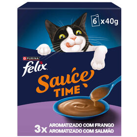Snack L&iacute;quido para Gato Adulto Sauce Time Frango e Salm&atilde;o Saquetas Purina Felix