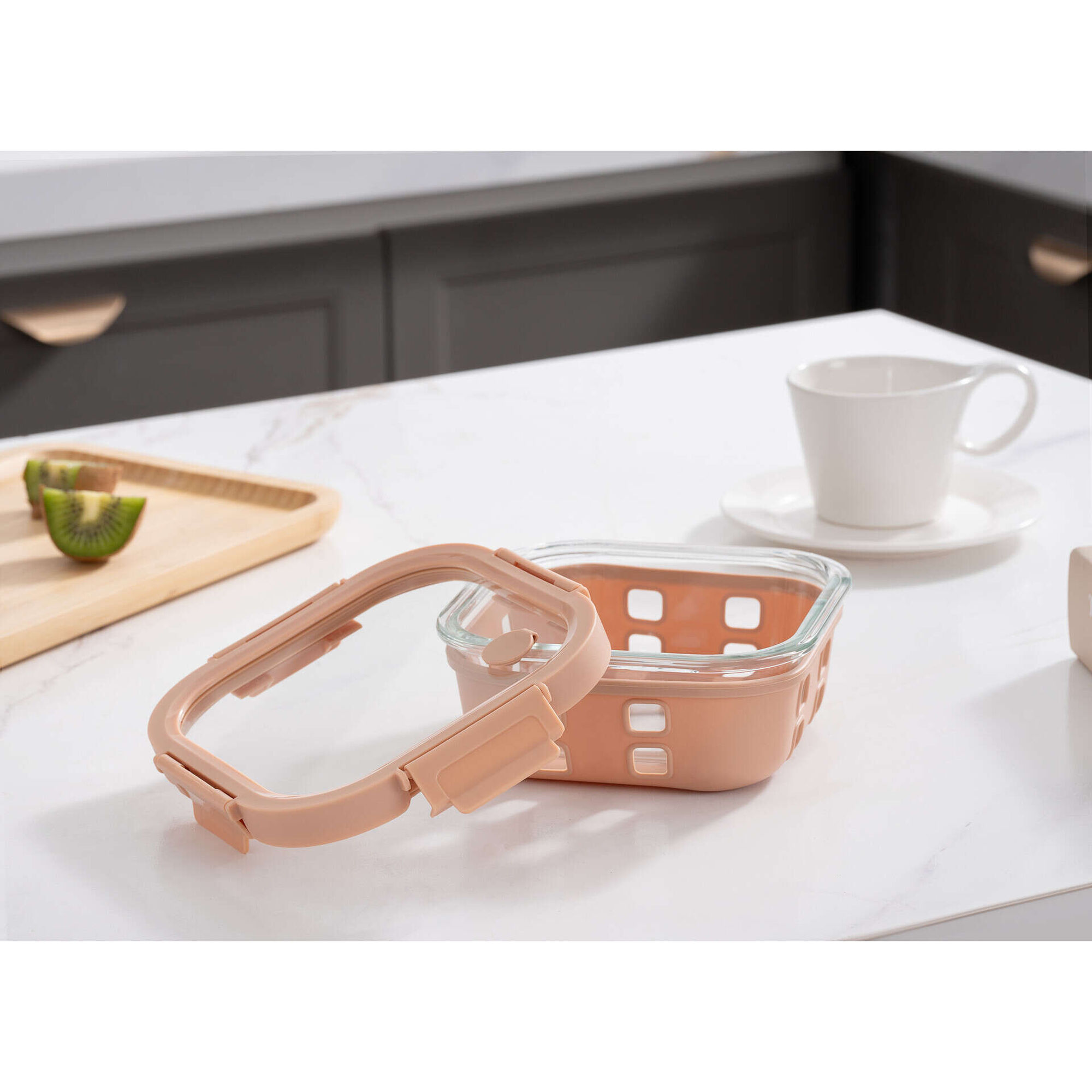 Caixa Herm&eacute;tica 520ml Vidro e Silicone Bege Kasa