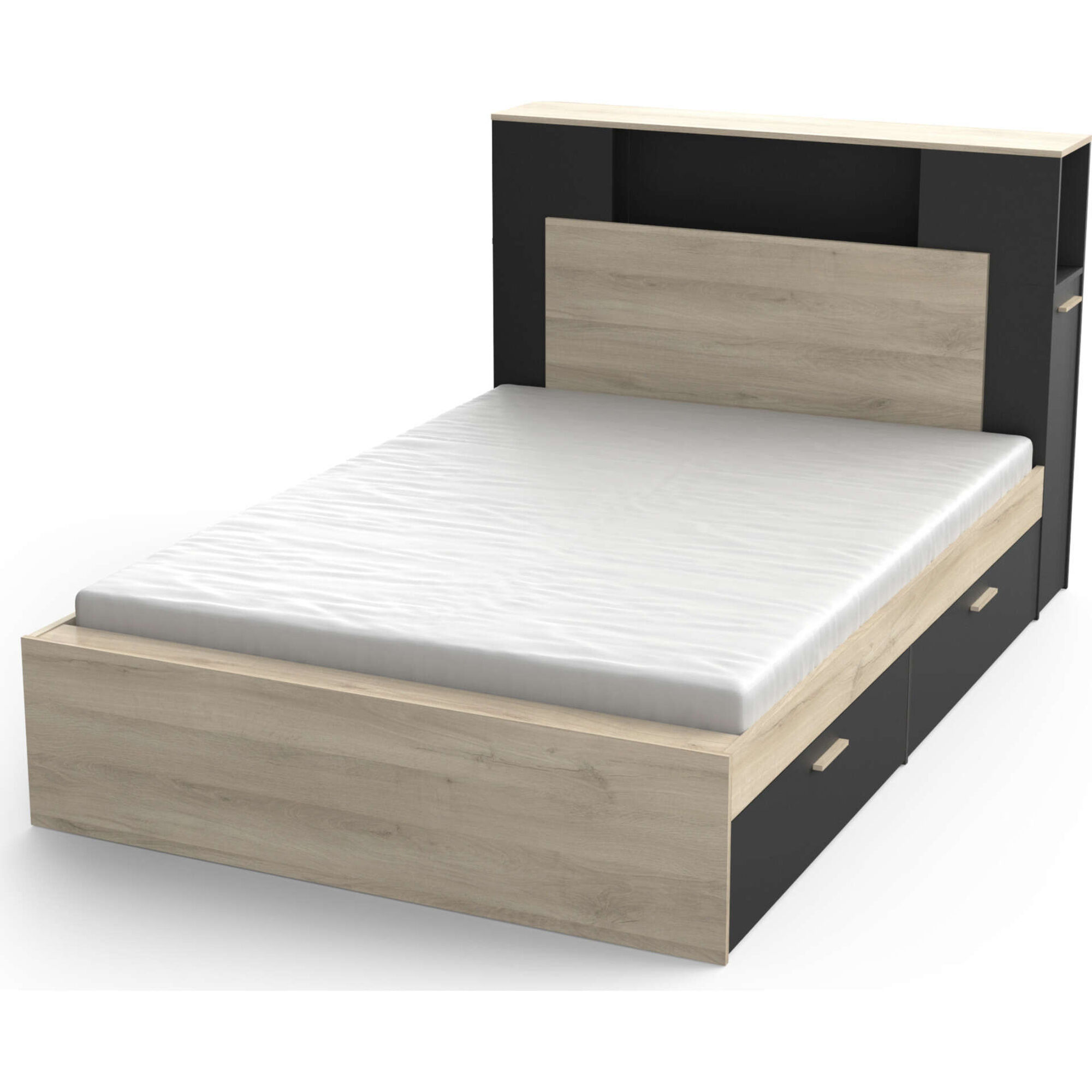 Cama Casal com 4 Gavetas 145x231x113cm Preta e Carvalho Life