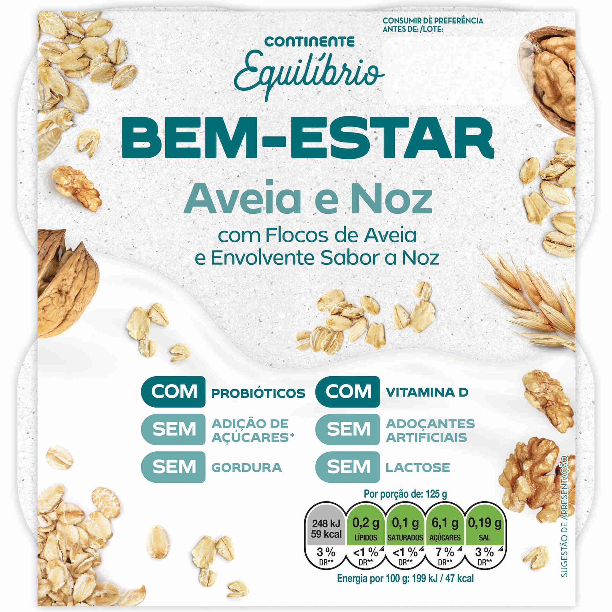 Iogurte Peda&ccedil;os Bem-Estar Aveia e Noz sem Lactose Continente Equil&iacute;brio