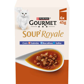 Snack L&iacute;quido para Gato Adulto Soup Royale Salm&atilde;o, Bacalhau e Solha Purina Gourmet