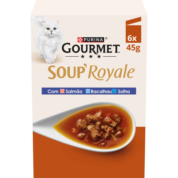 Snack Líquido para Gato Adulto Soup Royale Salmão, Bacalhau e Solha Purina Gourmet