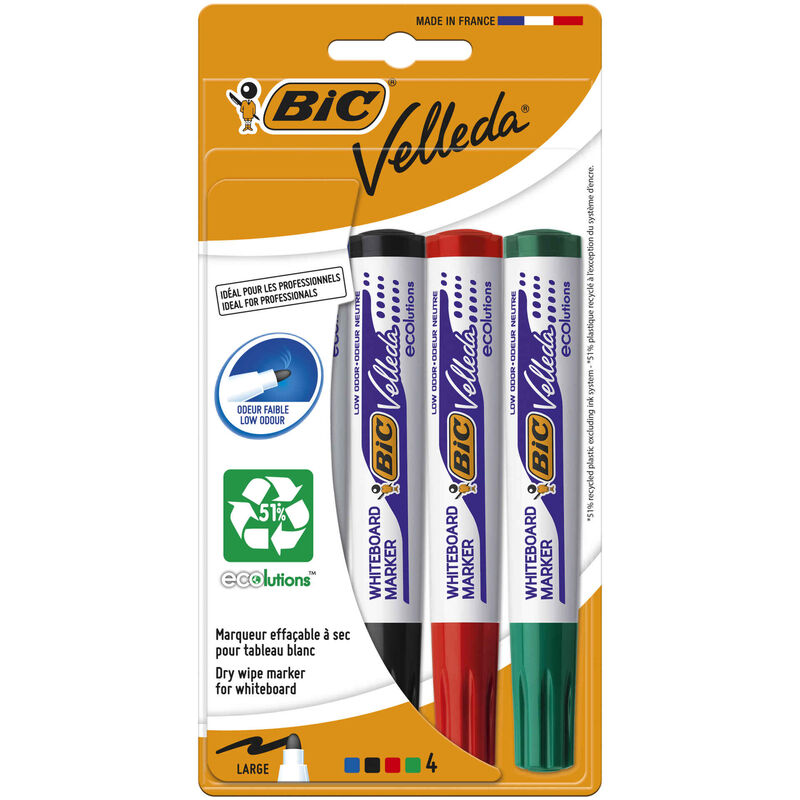 Marcador Velleda Permanente de Tinta Azul, Preta, Vermelha e Verde Bic