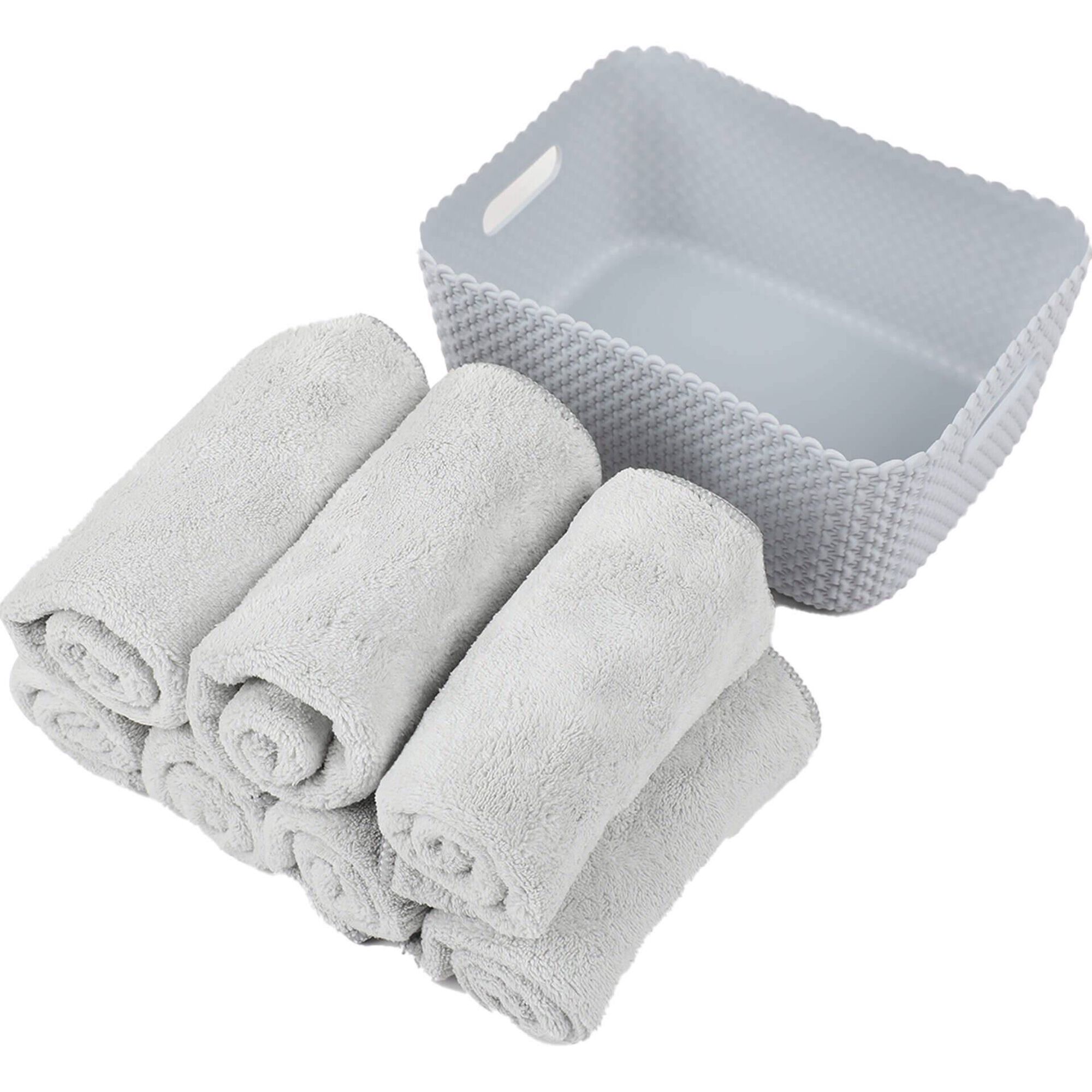 Conjunto de Cesto e 7 Toalhas de M&atilde;os Cinza Bazar&atilde;o