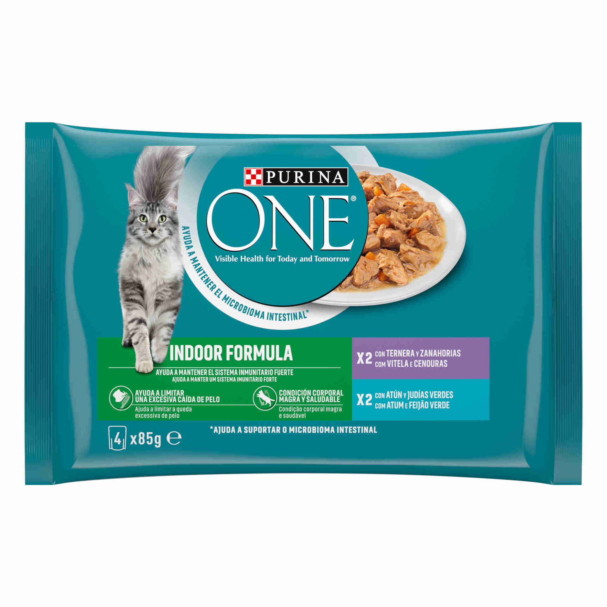 Comida Húmida para Gato Adulto Indoor Atum e Vitela Saquetas Purina One ...