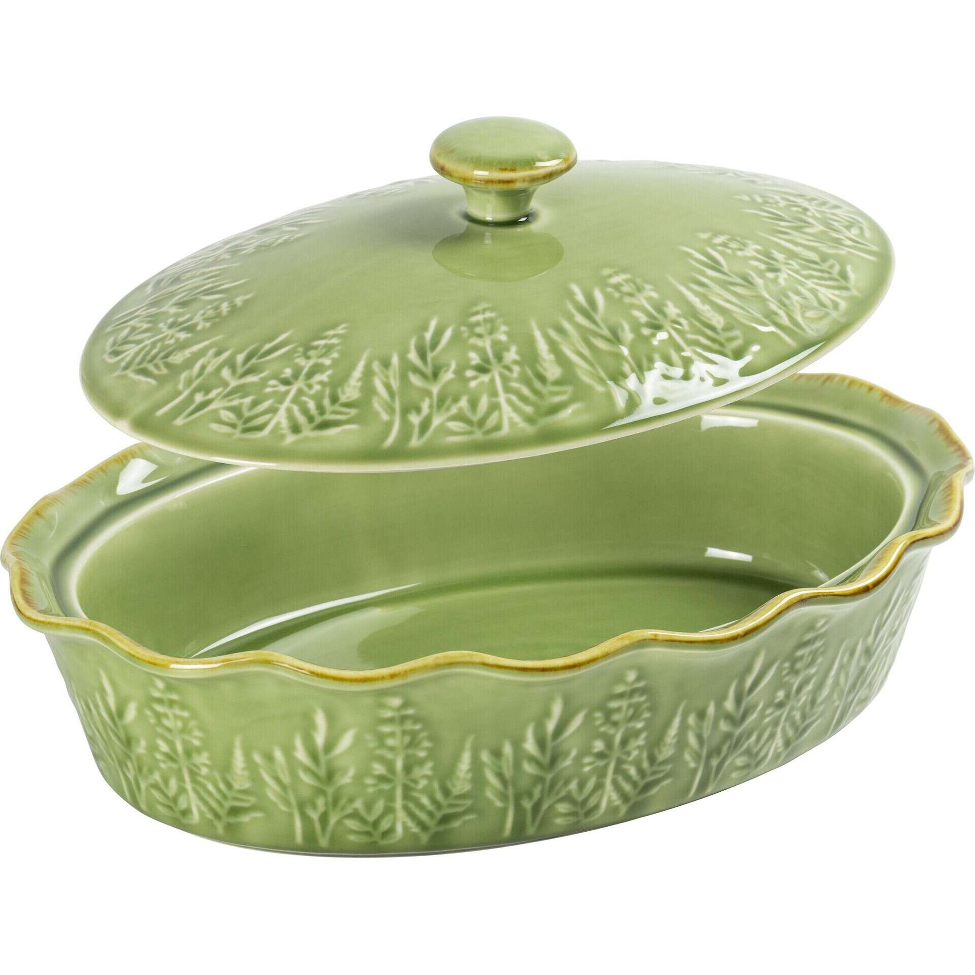 Assadeira Oval com Tampa Folhas Verde Claro Kasa