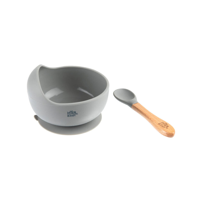 Taça e Colher Madeira E Silicone Cinza Interbaby