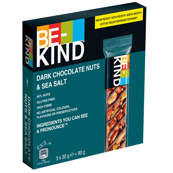 Barras de Frutos Secos com Chocolate Negro e Sal Marinho sem Glúten Be-Kind