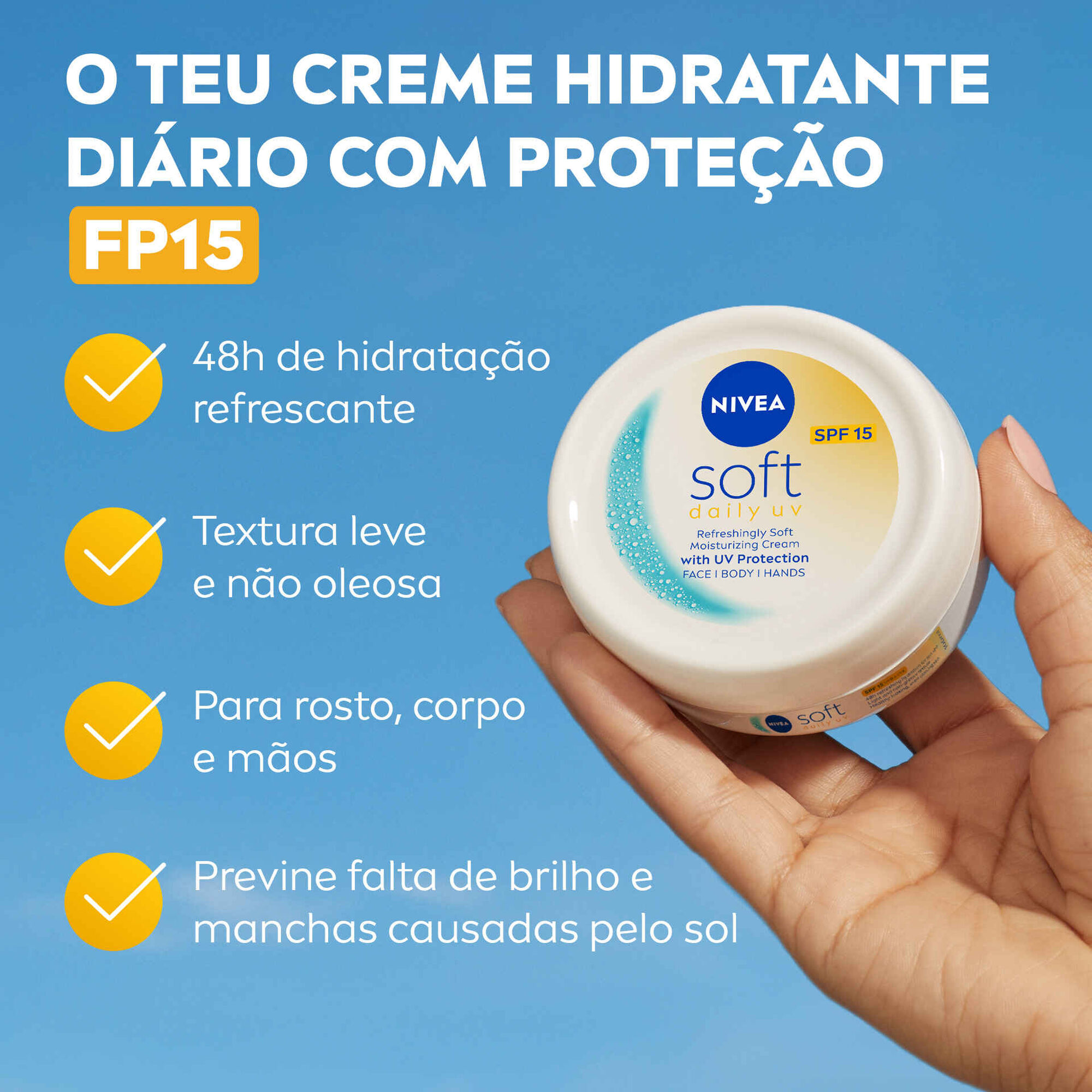 Creme Corpo, Rosto e Mãos Hidratante Soft FPS 15