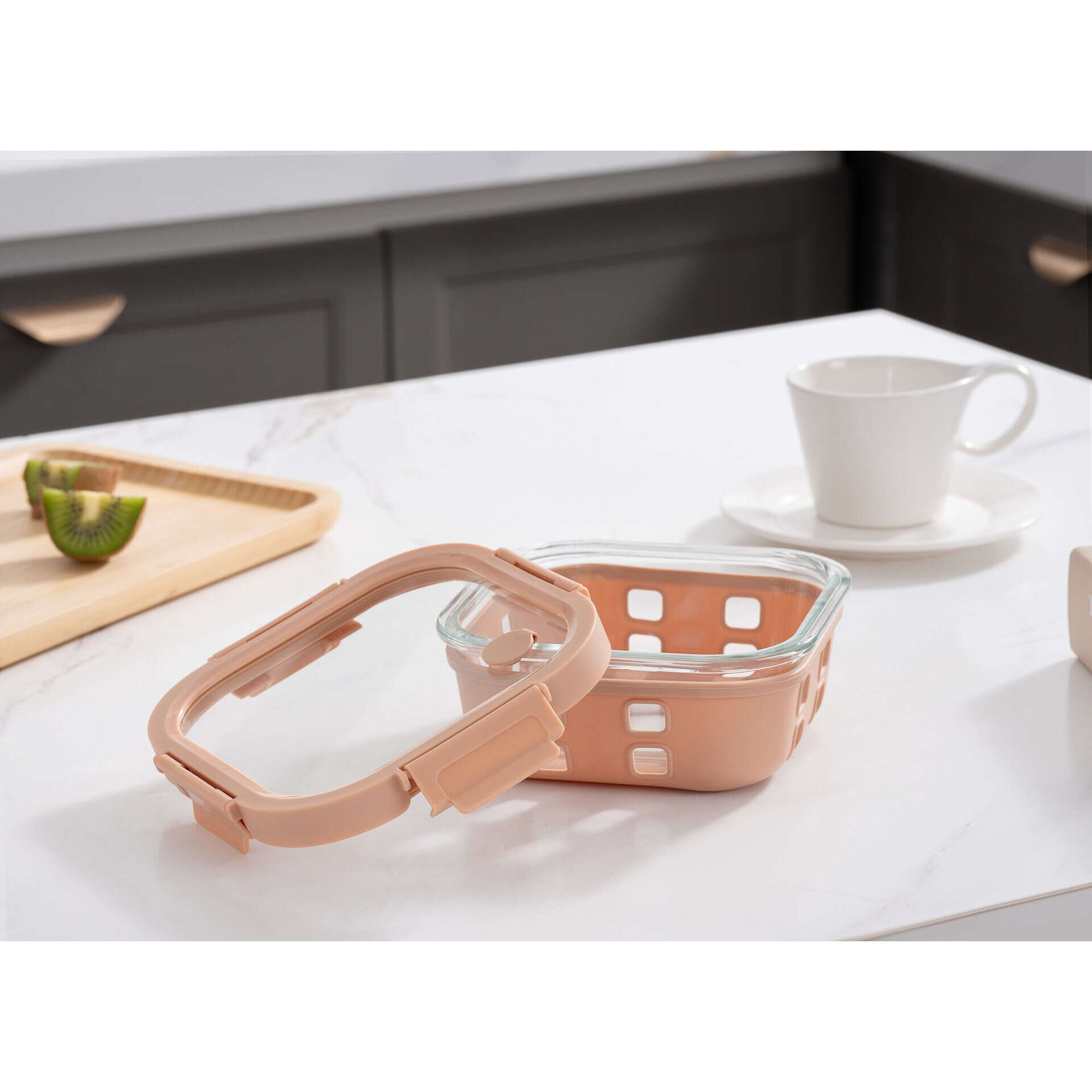 Caixa Herm&eacute;tica 520ml Vidro e Silicone Bege Kasa
