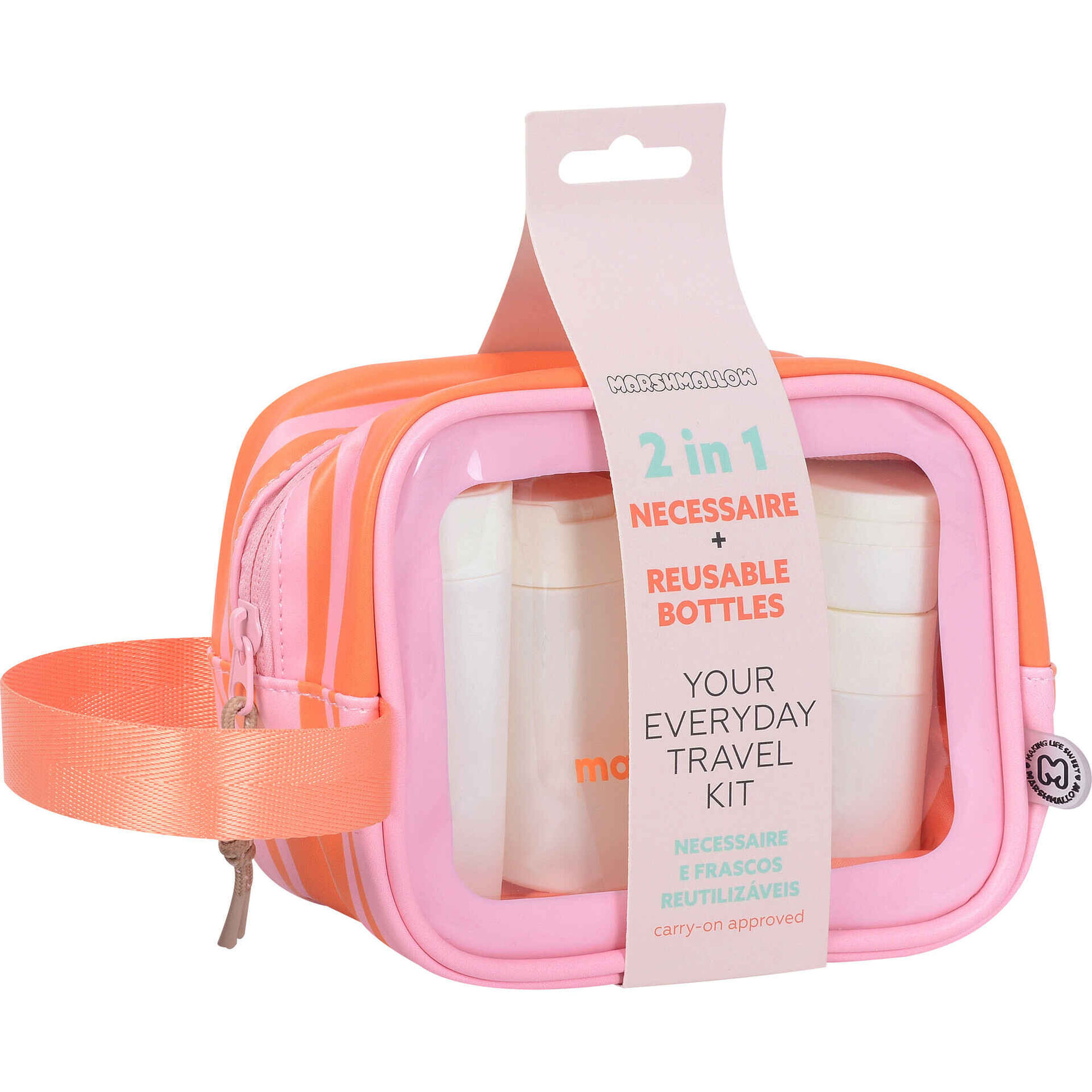 Conjunto Necessaire + 5 Frascos Reutiliz&aacute;veis Riscas Laranja e Rosa Marshmallow
