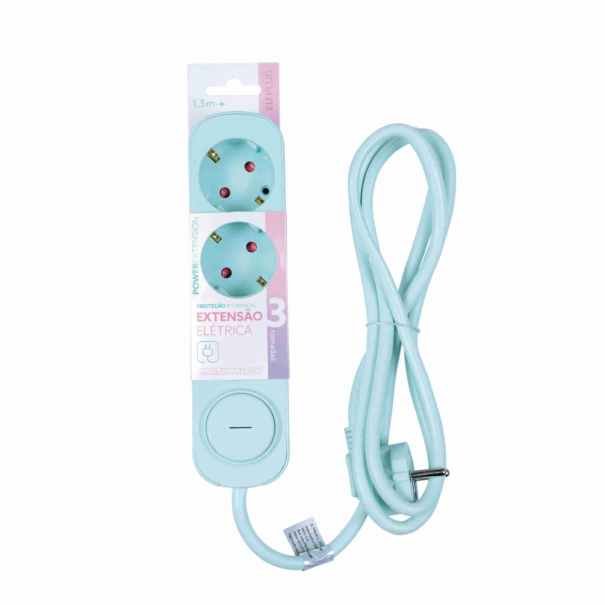 Bloco 3 Tomadas com Interruptor 1,5m Verde &Aacute;gua