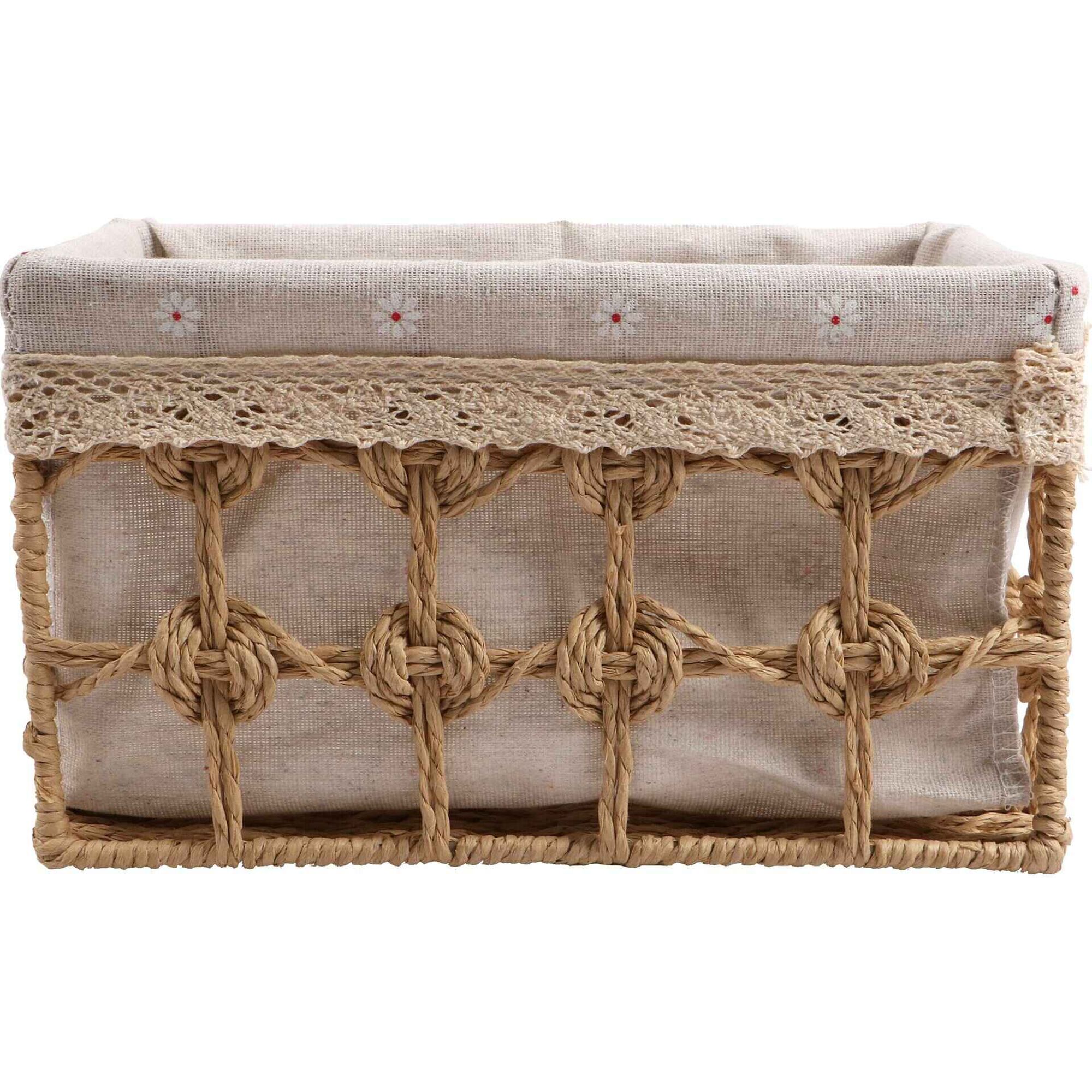 Cesto Aberto 22x32x16cm Tecido Bordado Flores Cru Kasa