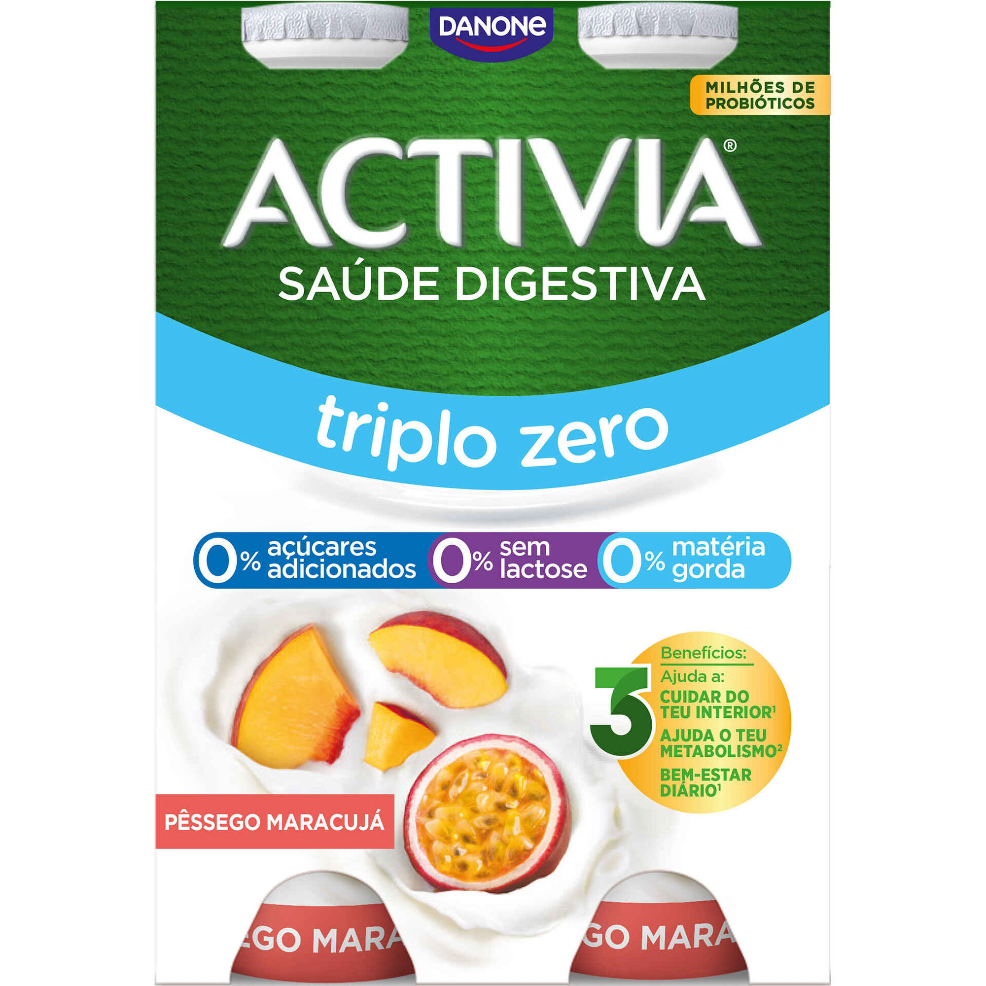 Bifidus L&iacute;quido Triplo 0% P&ecirc;ssego e Maracuj&aacute; sem Lactose Activia Danone