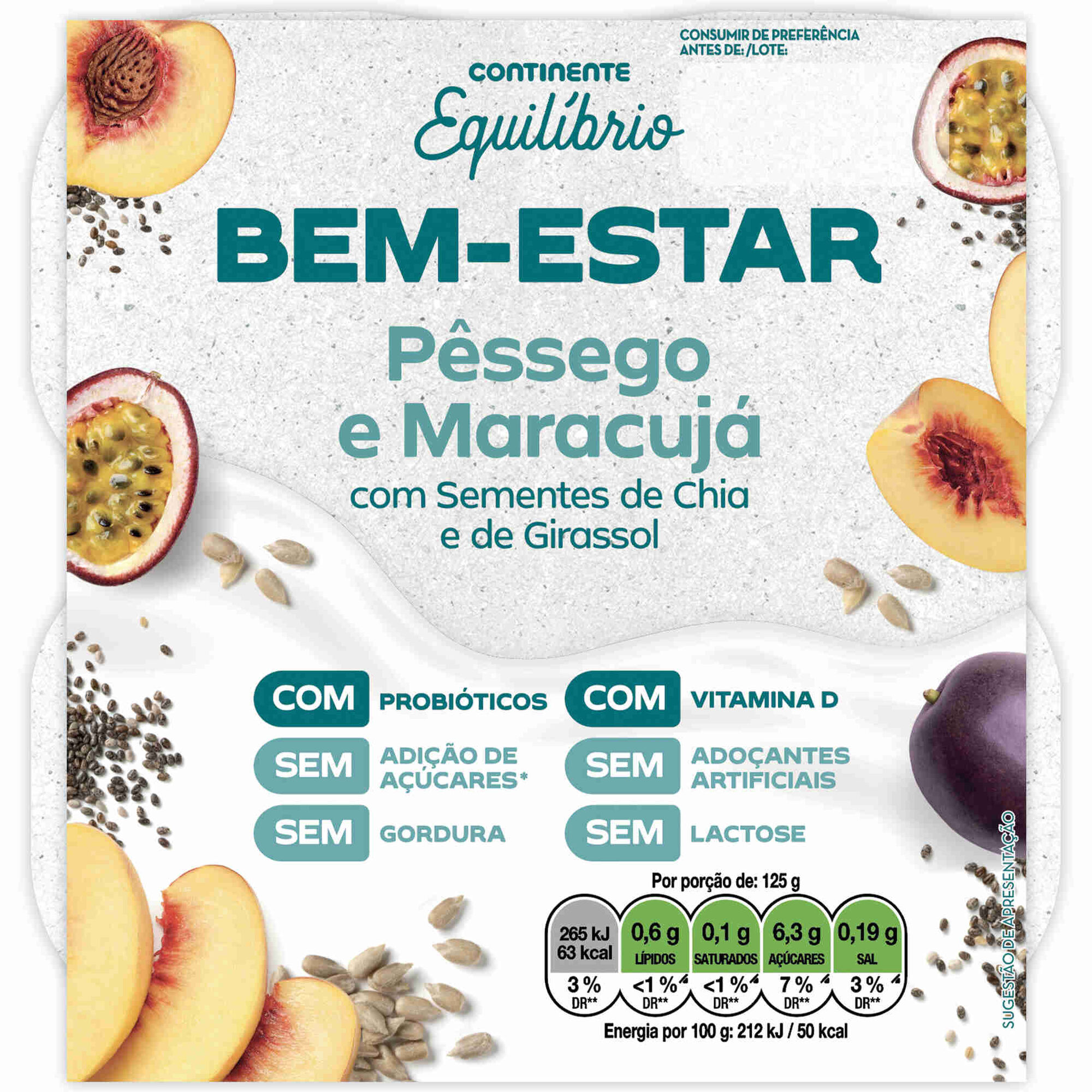 Iogurte Peda&ccedil;os Bem-Estar P&ecirc;ssego e Maracuj&aacute; sem Lactose Continente Equil&iacute;brio