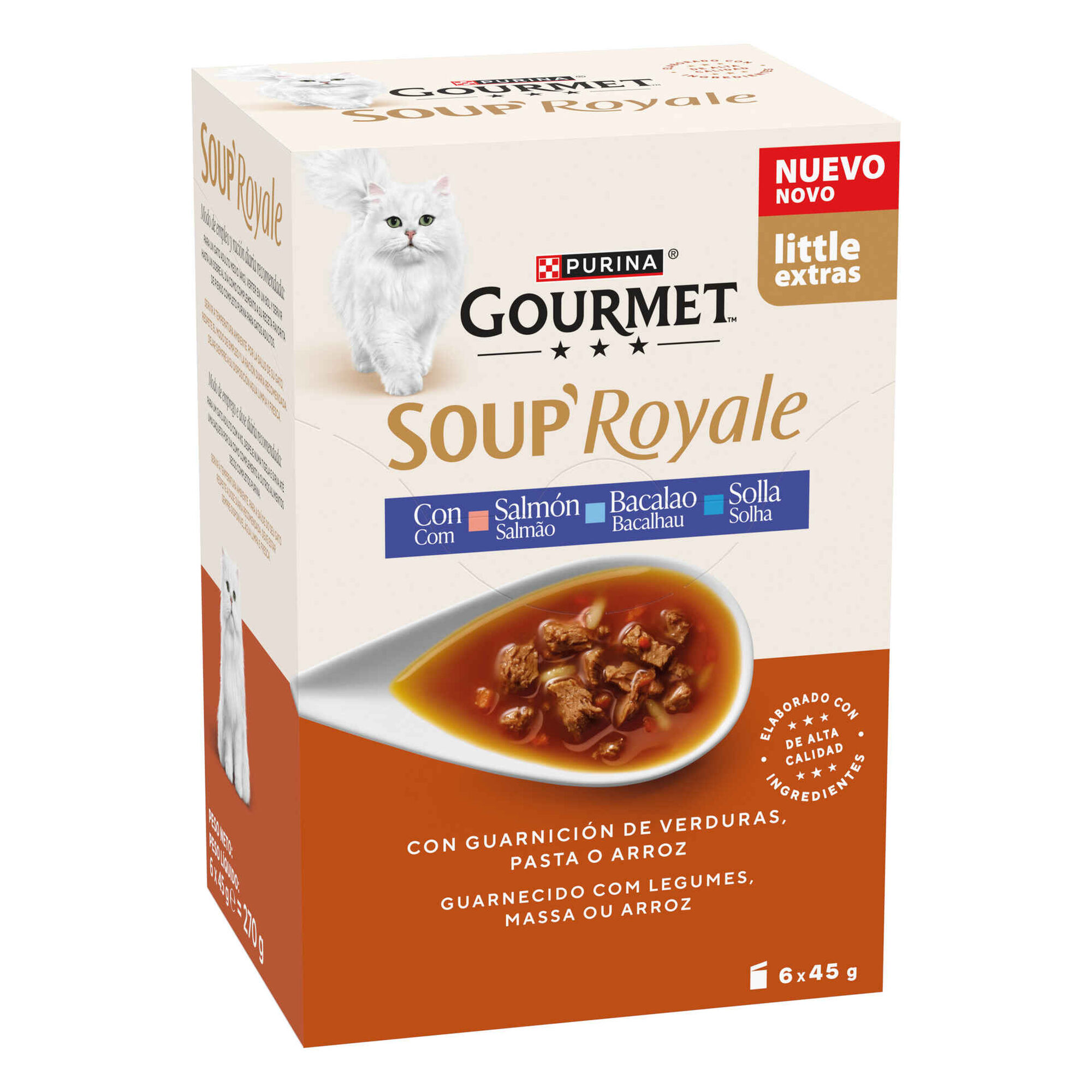Snack L&iacute;quido para Gato Adulto Soup Royale Salm&atilde;o, Bacalhau e Solha Purina Gourmet