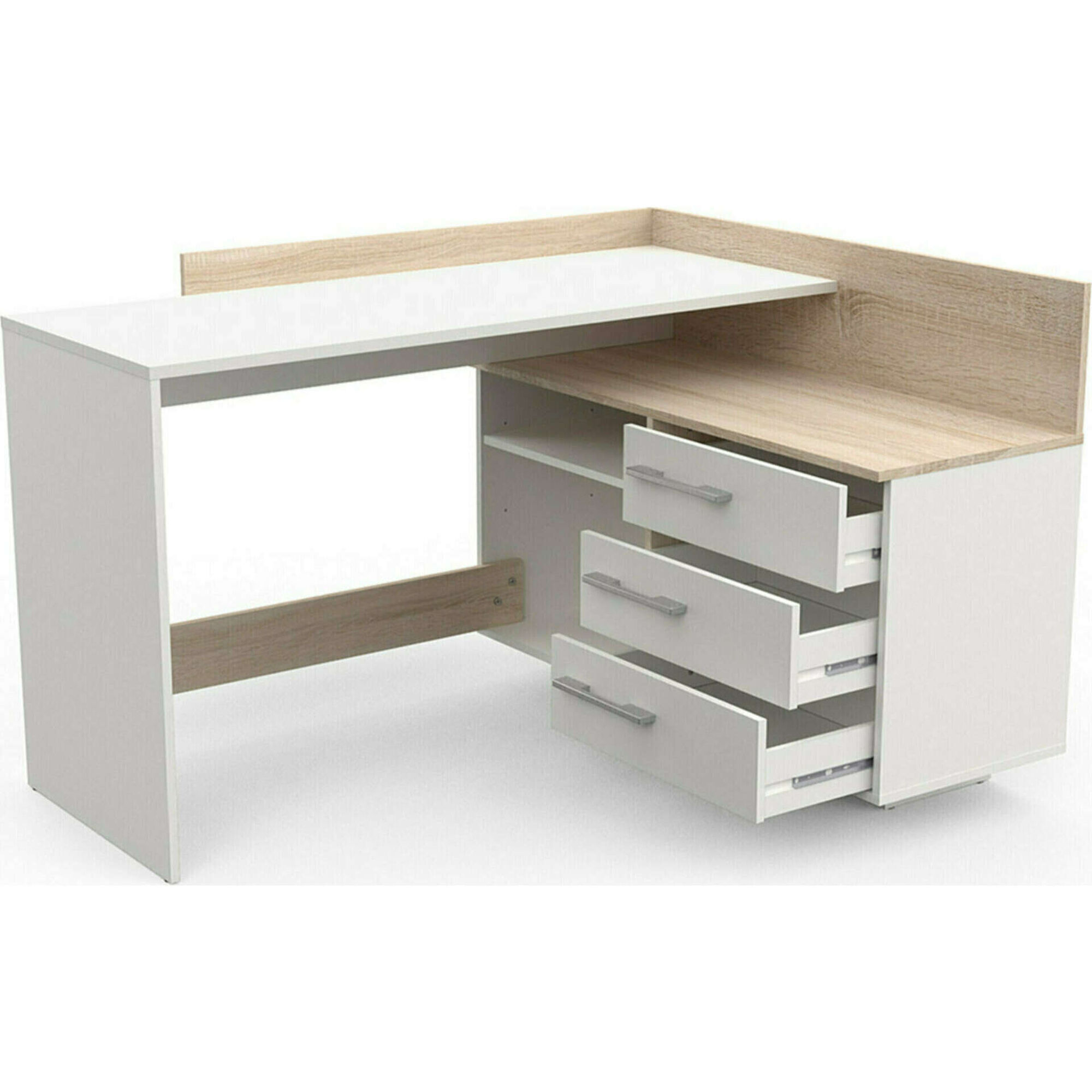 Secretária de Canto com 3 Gavetas 129x106x83cm Branca e Carvalho Thales