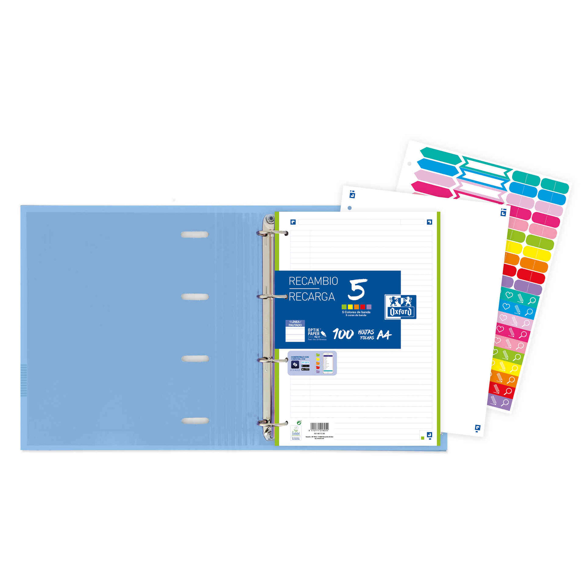 Pasta de Arquivo A4 Lombada Estreita com Recarga e Autocolantes Oxford & You (várias cores)
