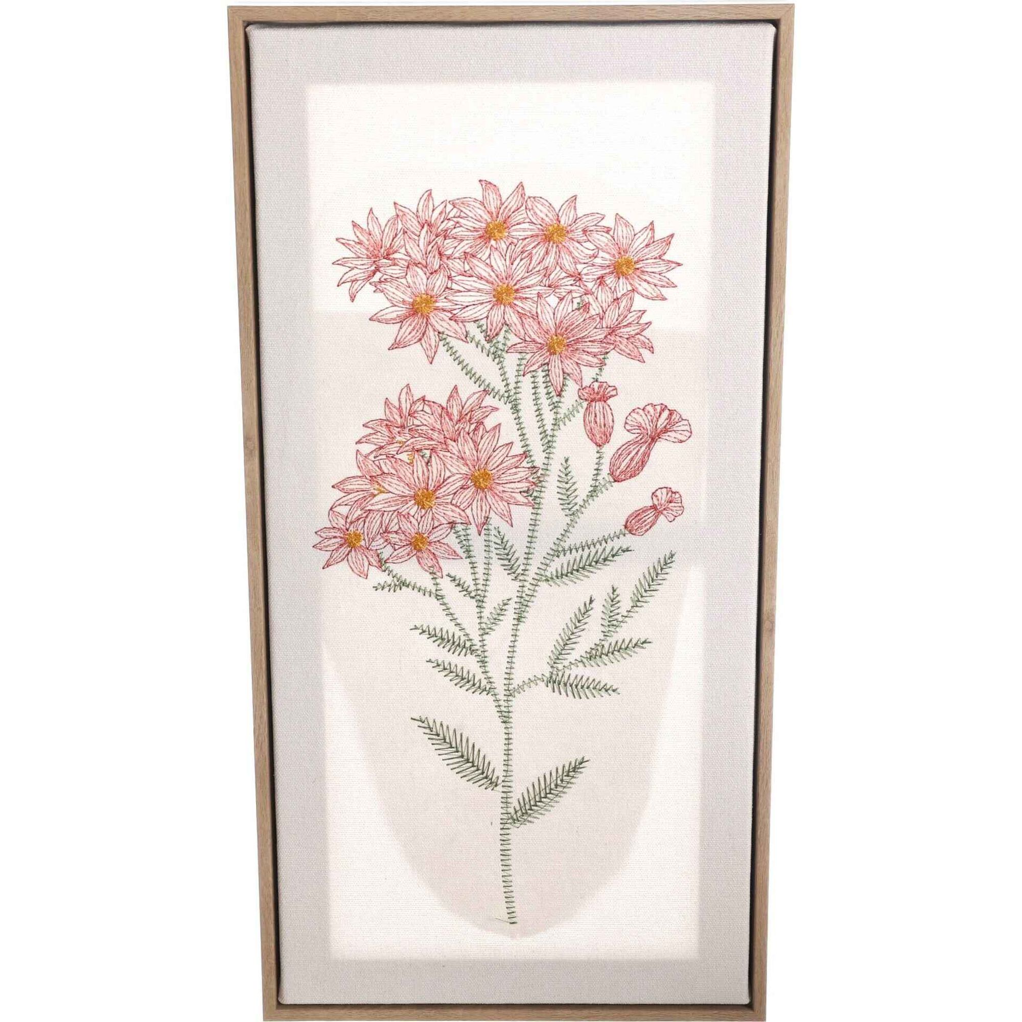 Quadro Decor 50x25cm Bordado Flores Rosa