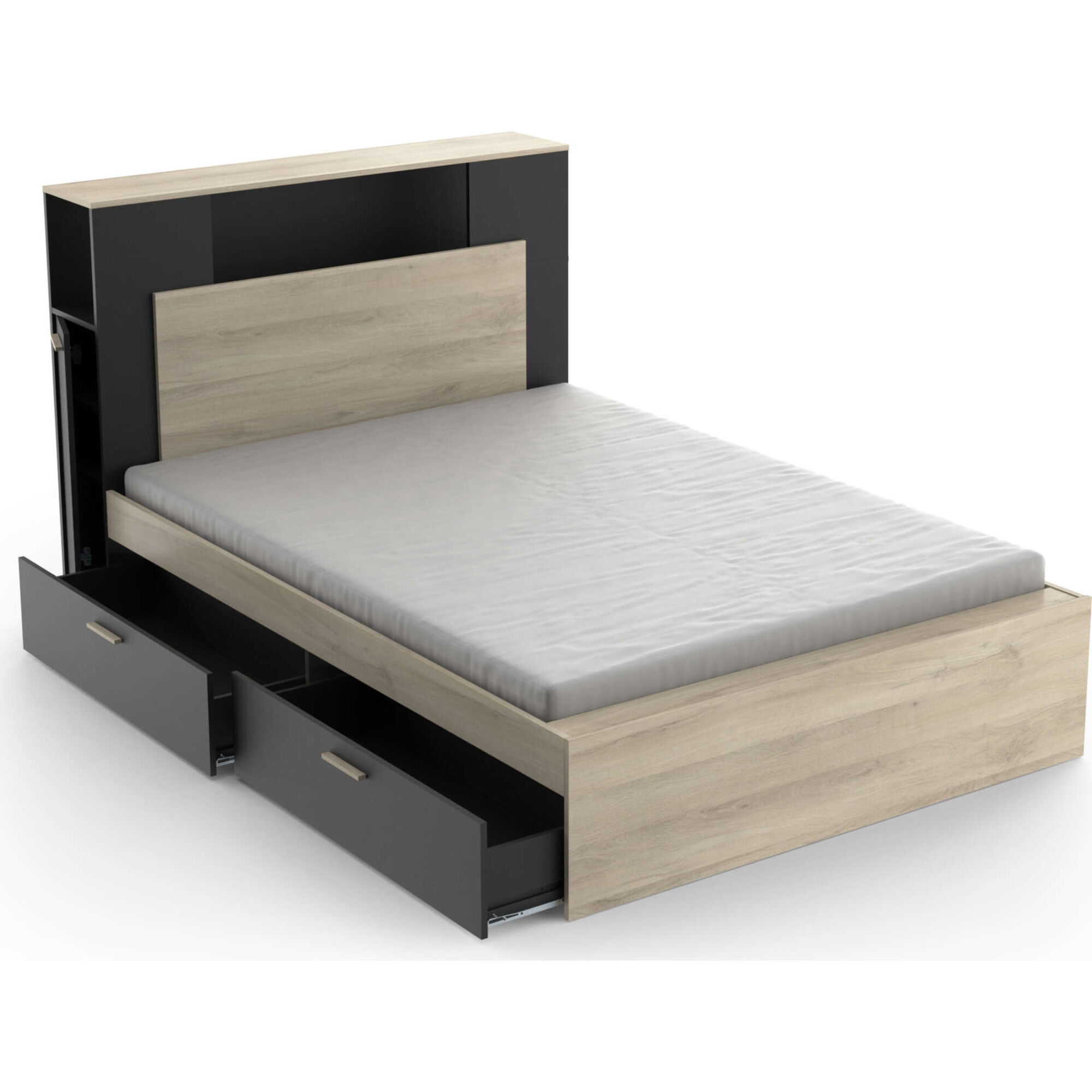 Cama Casal com 4 Gavetas 145x231x113cm Preta e Carvalho Life