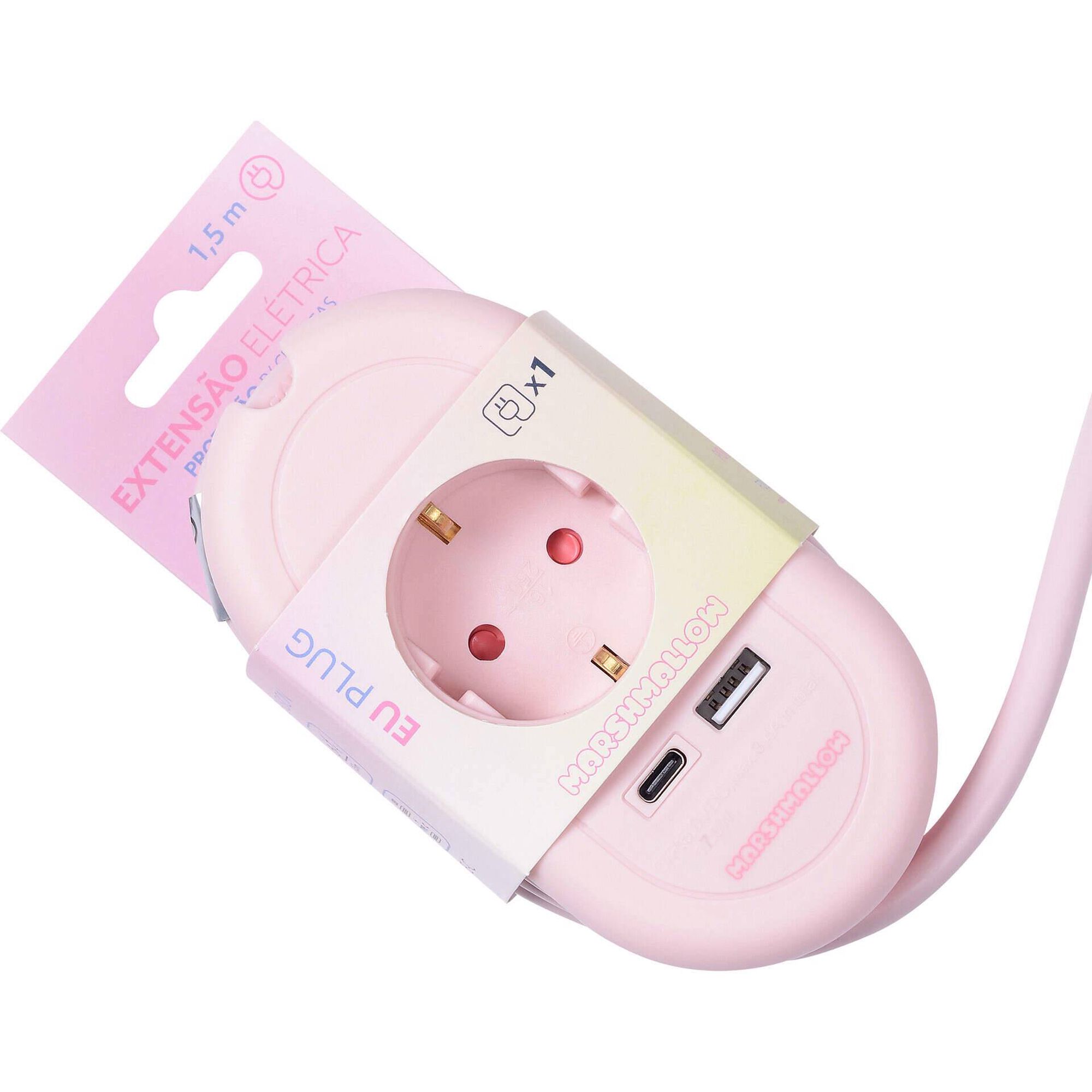 Bloco de Tomadas Travel com USB e USB-C Rosa Marshmallow