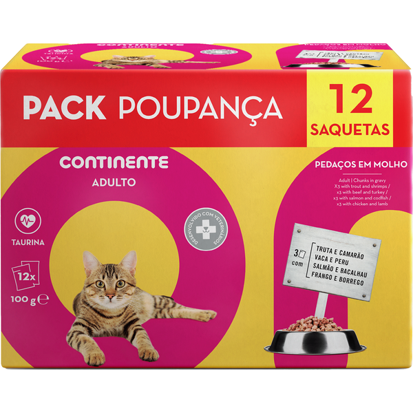 Comida Húmida para Gato Adulto Pedaços em Molho Saquetas Pack Poupança Continente