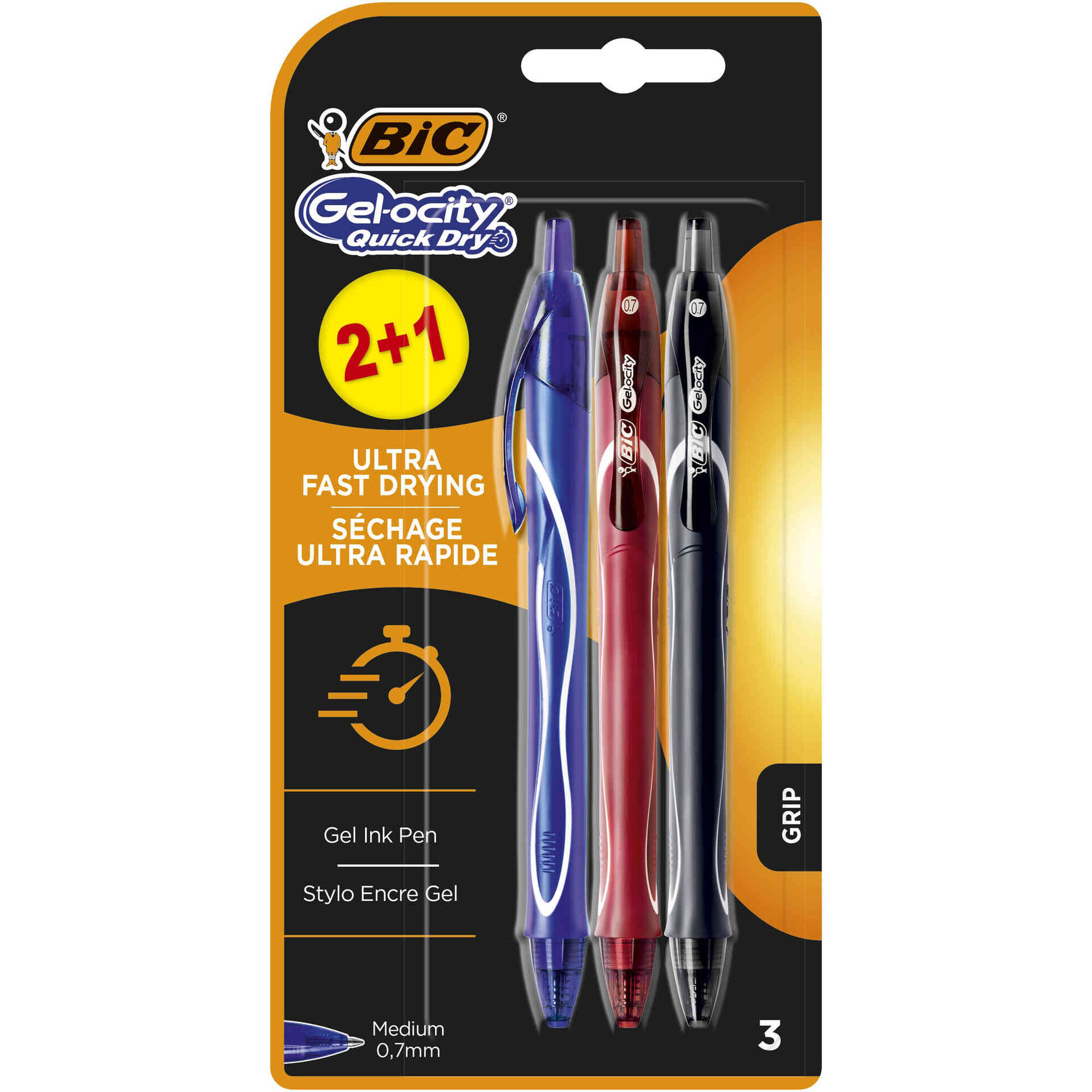 Esferogr&aacute;fica Gel-ocity Quick Dry de Tinta Gel Azul, Preta e Vermelha Bic