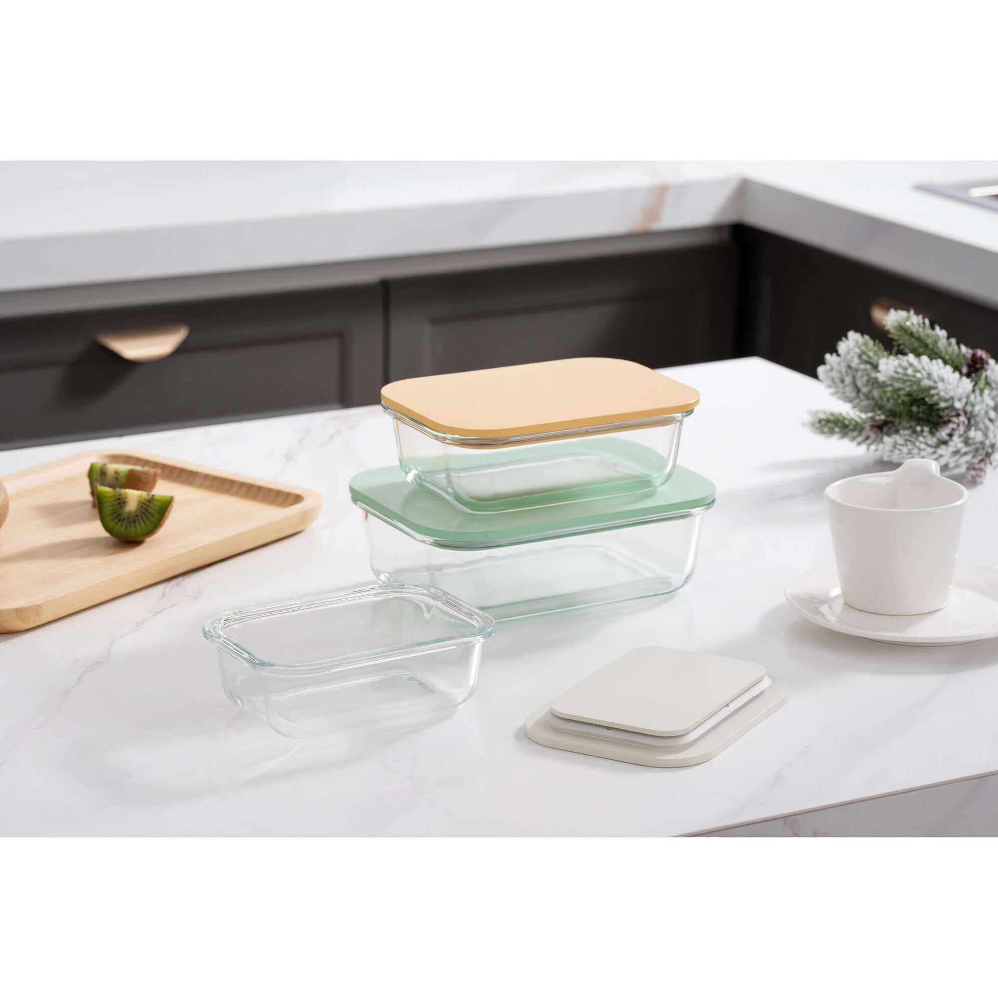 Conjunto de 3 Caixas Herm&eacute;ticas Vidro Bambu Colors Kasa