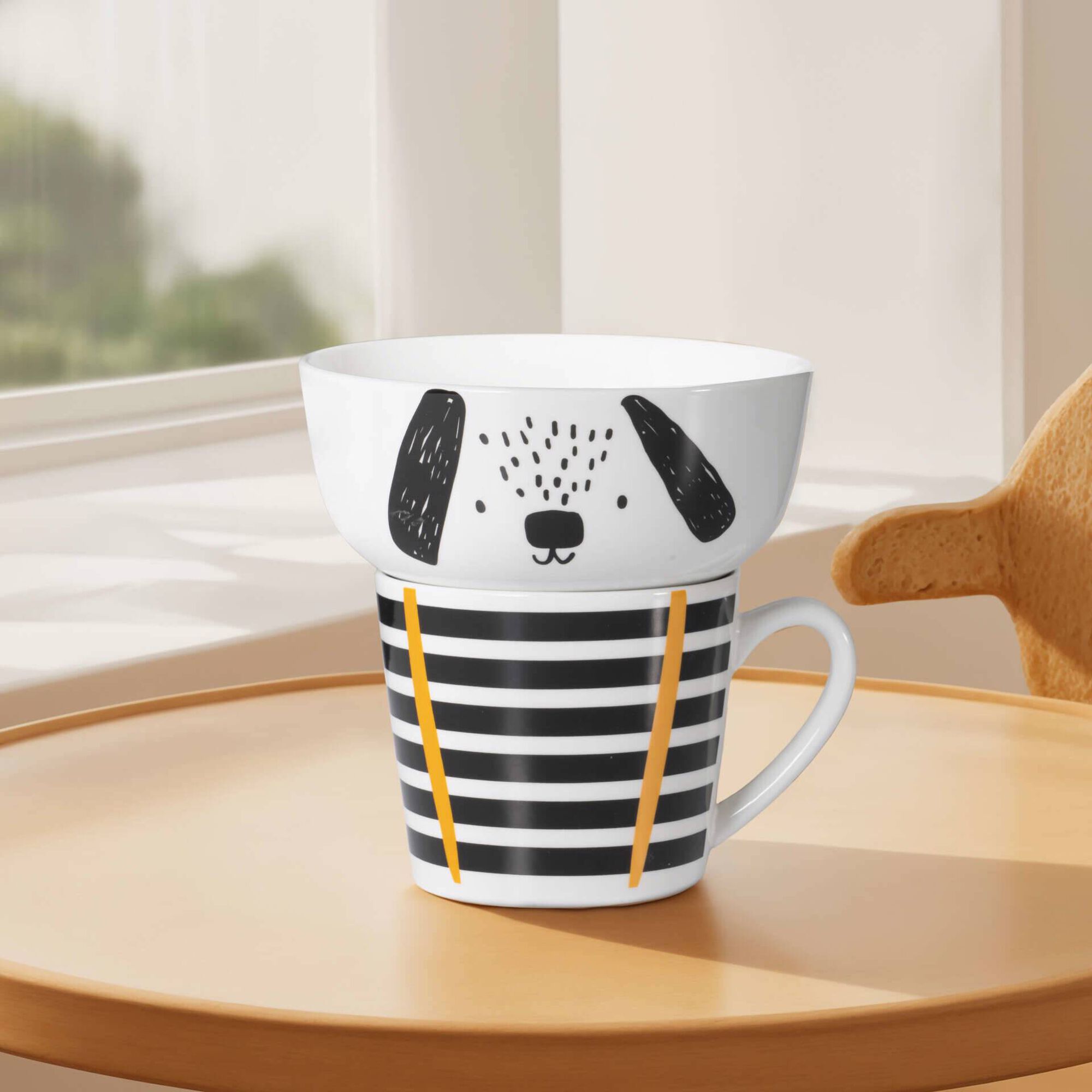 Conjunto Caneca 370ml e Taça 600ml Cão Riscas