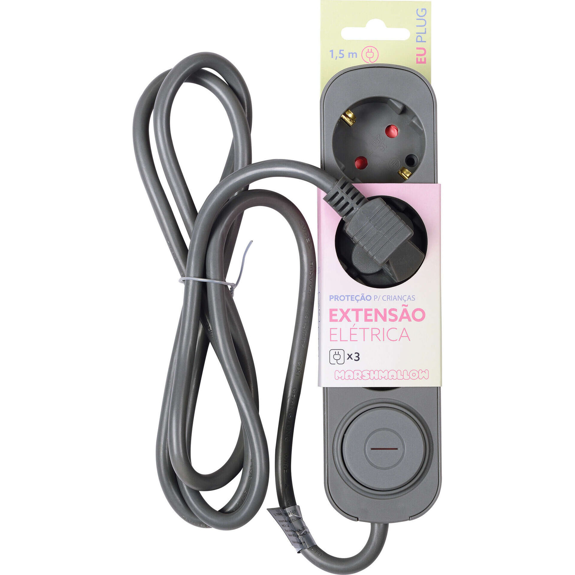 Bloco 3 Tomadas com Interruptor 1,5m Cinza Marshmallow