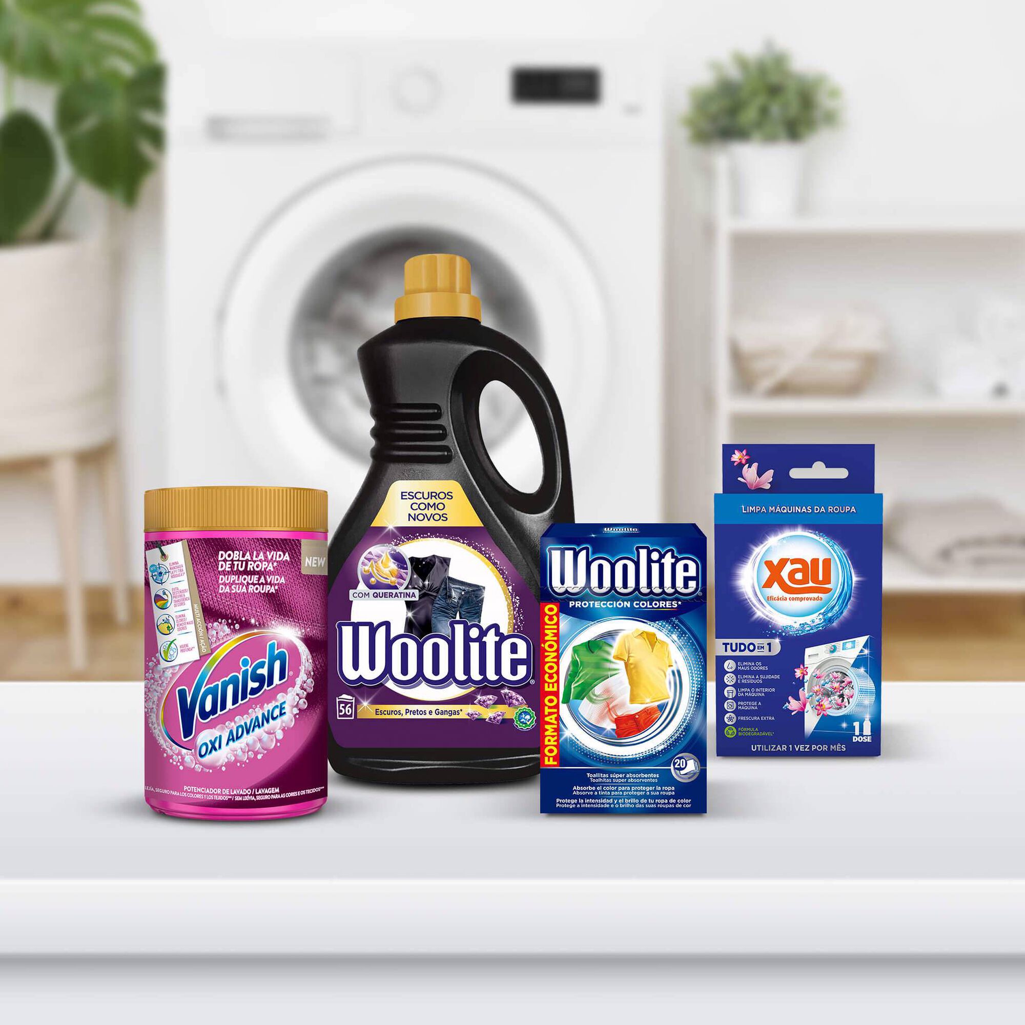 Detergente Líquido Roupa Escura + Toalhitas Proteção Cores + Tira Nódoas + Limpa Máquinas