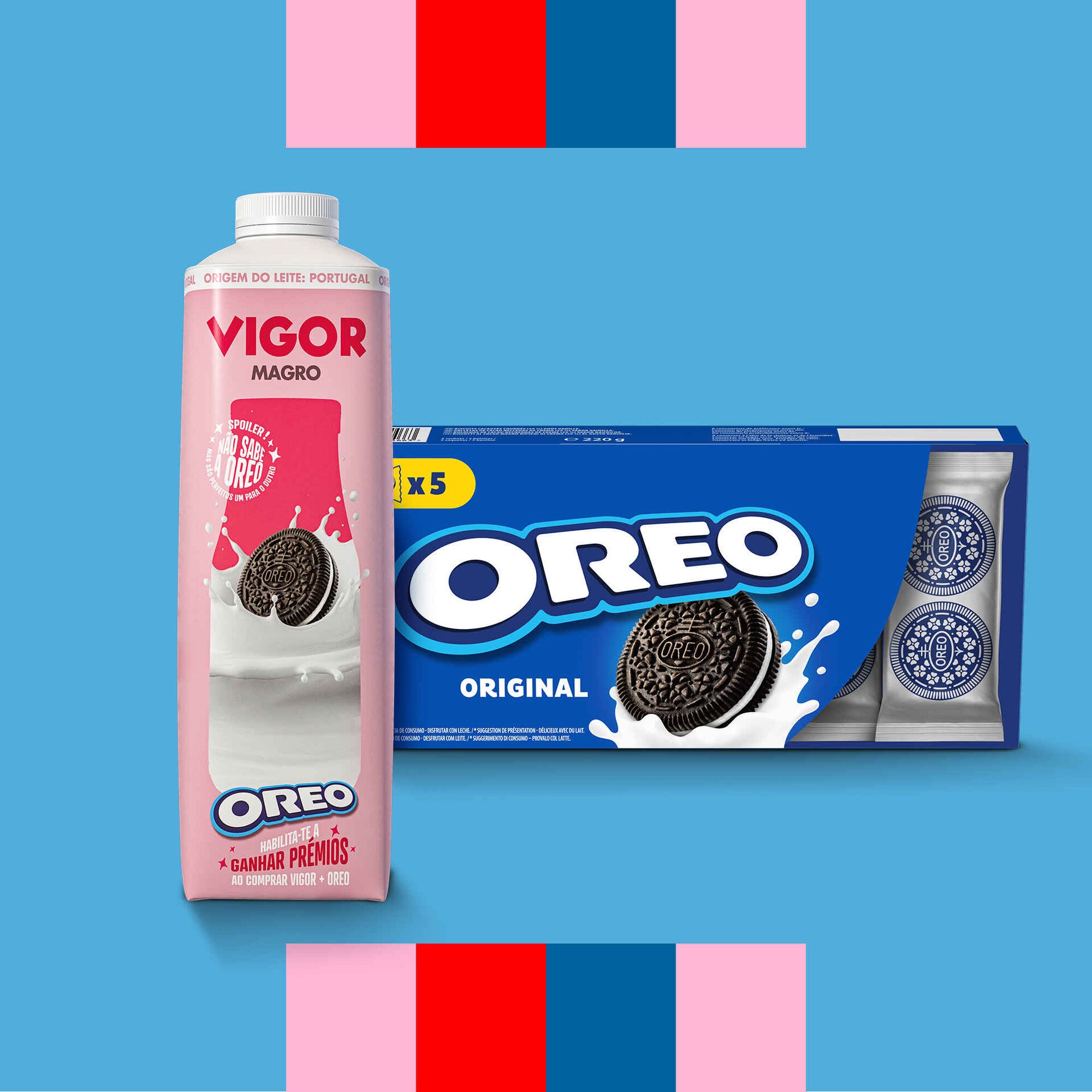 Leite Magro Fresco Vigor 1L + Bolachas de Chocolate com Recheio de Creme Oreo 220g