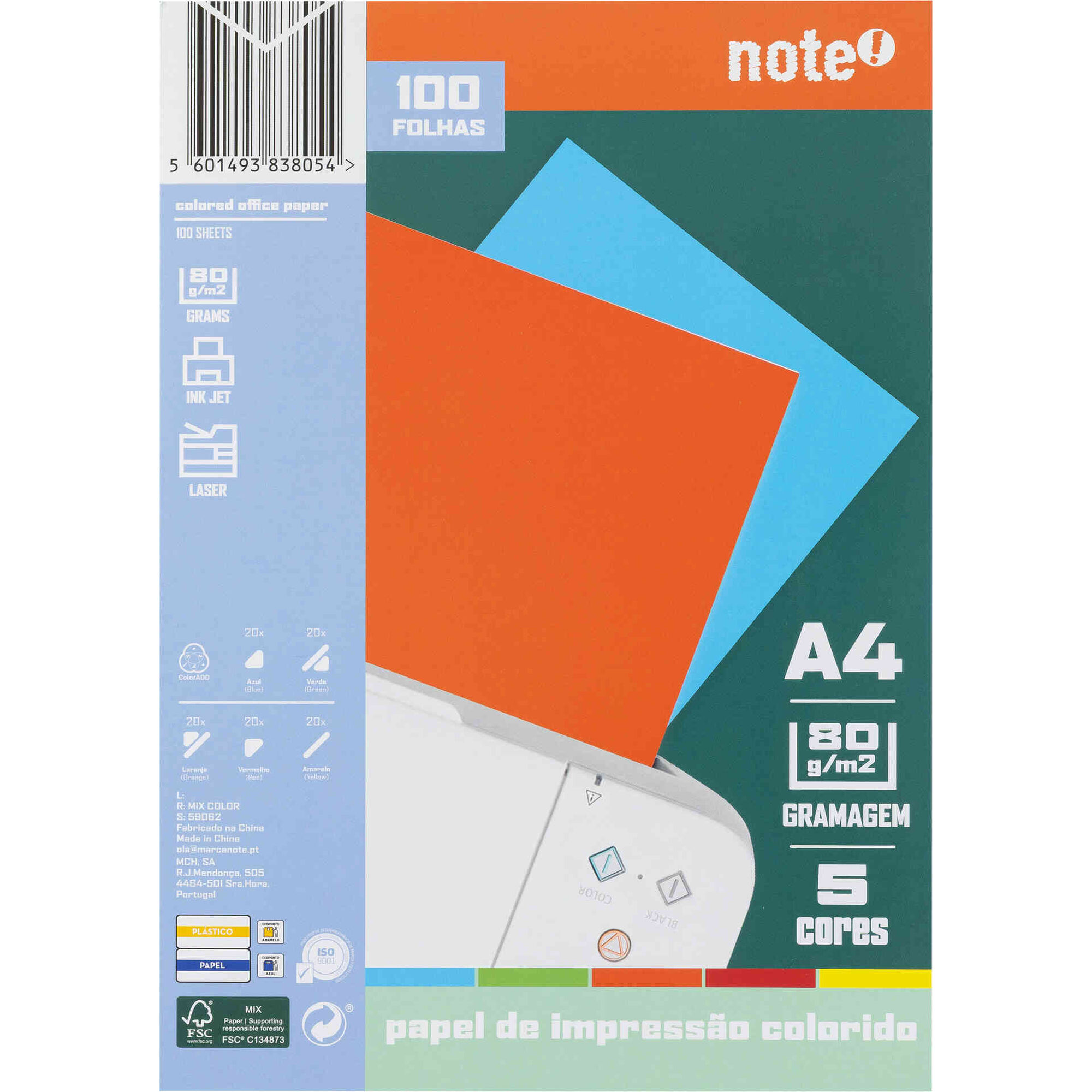 Resma de Papel de Impress&atilde;o A4 100 Folhas 80g/m2 Cores Fortes Note!