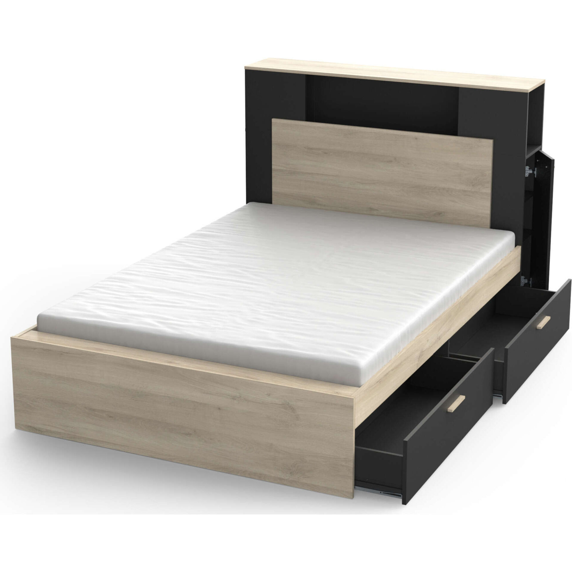 Cama Casal com 4 Gavetas 145x231x113cm Preta e Carvalho Life