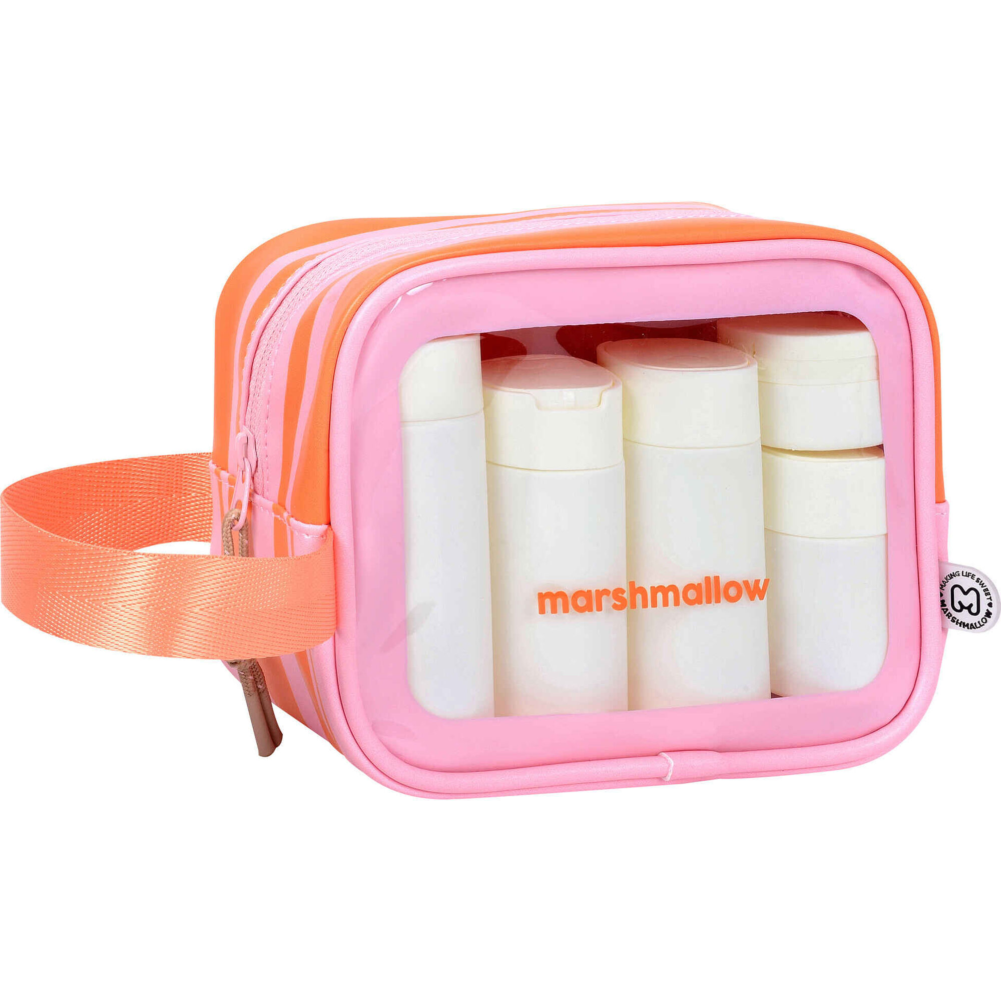 Conjunto Necessaire + 5 Frascos Reutiliz&aacute;veis Riscas Laranja e Rosa Marshmallow
