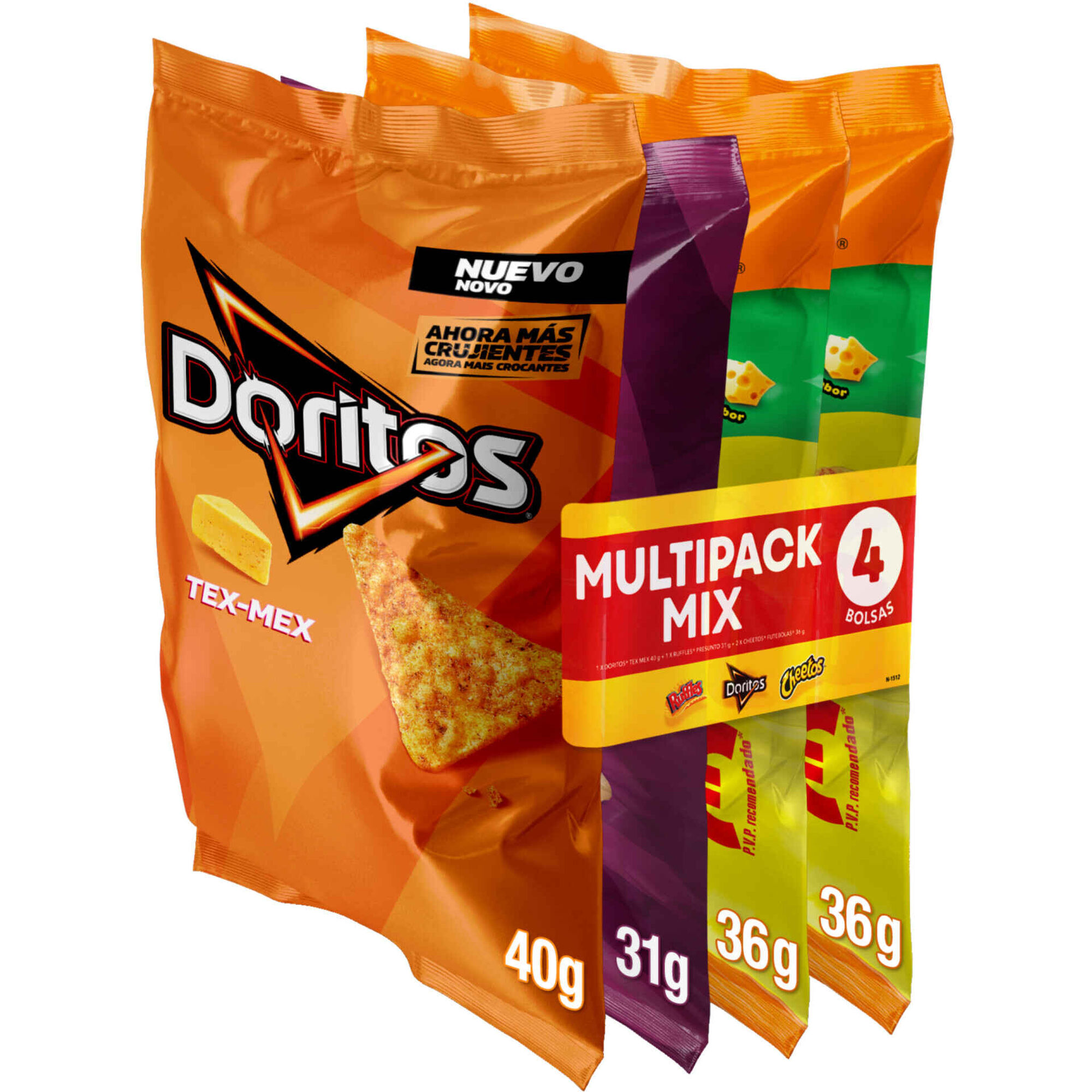 Snacks Milho Futebolas, Doritos e Batatas Fritas Onduladas com sabor Presunto Snacks Milho Futebolas, Doritos e Batatas Fritas Onduladas com sabor Presunto