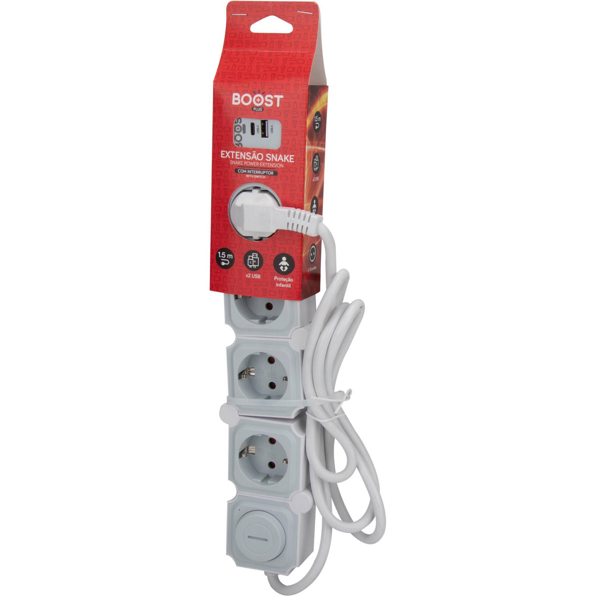 Bloco Snake 4 Tomadas e USB 1,5m com Interruptor Boost
