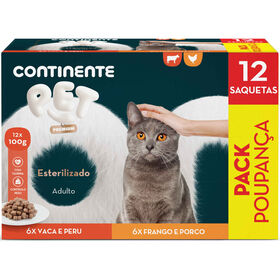 Comida H&uacute;mida para Gato Adulto Esterilizado Vaca, Peru, Frango e Porco Continente Pet